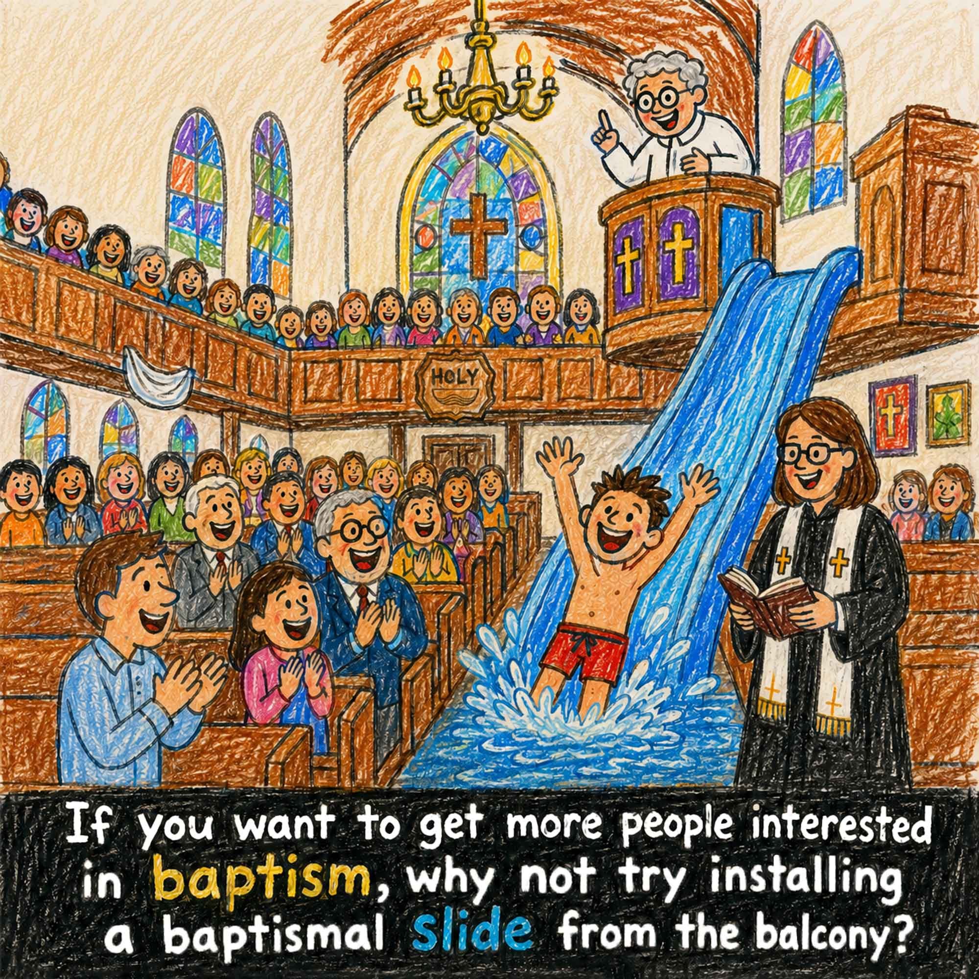 A childlike crayon illustration of a church baptism with a bright blue slide running from the balcony into the baptismal water. The joke asks whether a baptismal slide would get more people interested in baptism. Christian comedy artwork from That’s 
