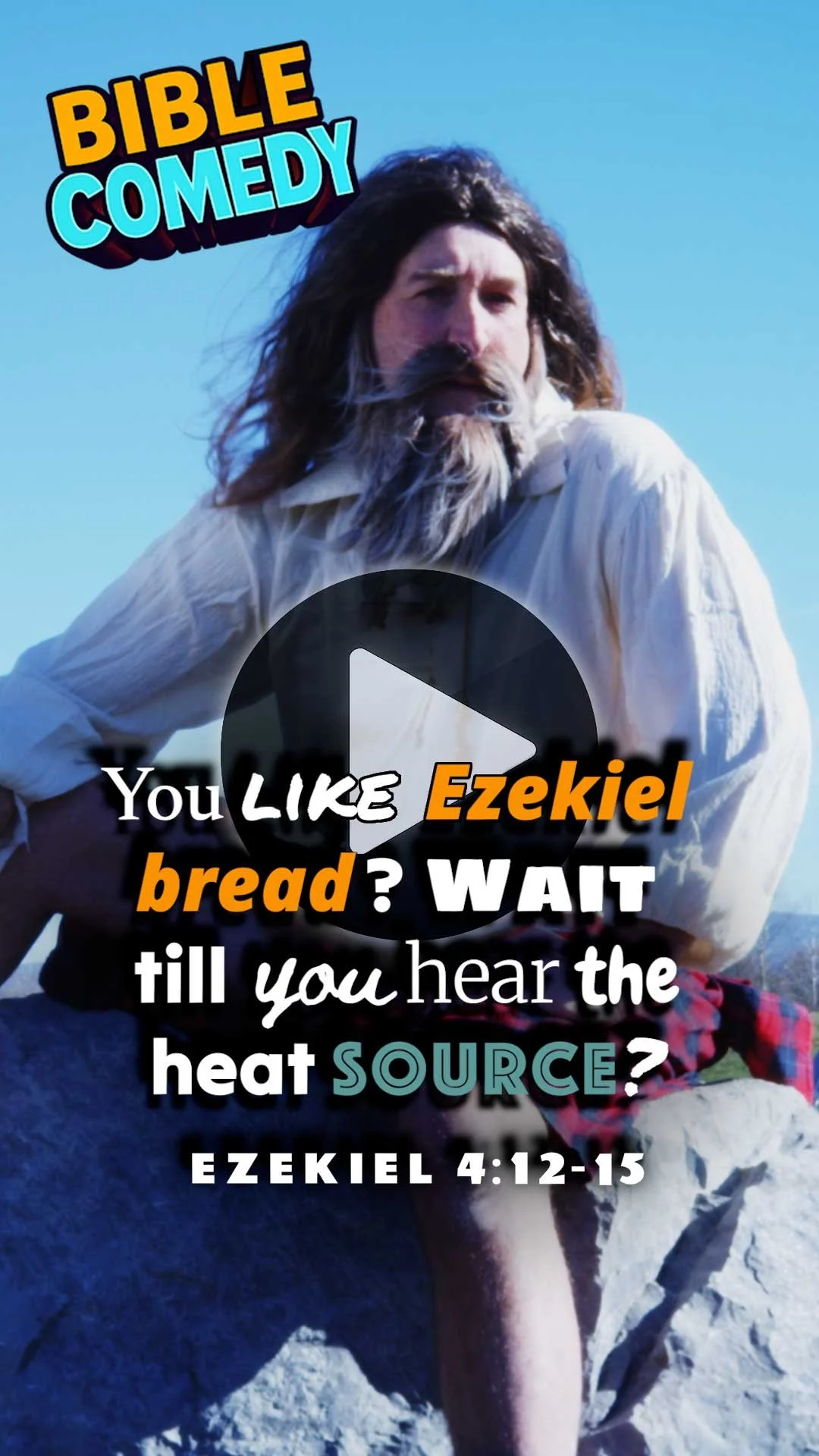 The Scotsman character from That’s Not How You Christian sitting on rocks in traditional style clothing, with on screen text “You like Ezekiel bread wait till you hear the heat source” referencing Ezekiel 4:12 to 15 in a Bible comedy video.
