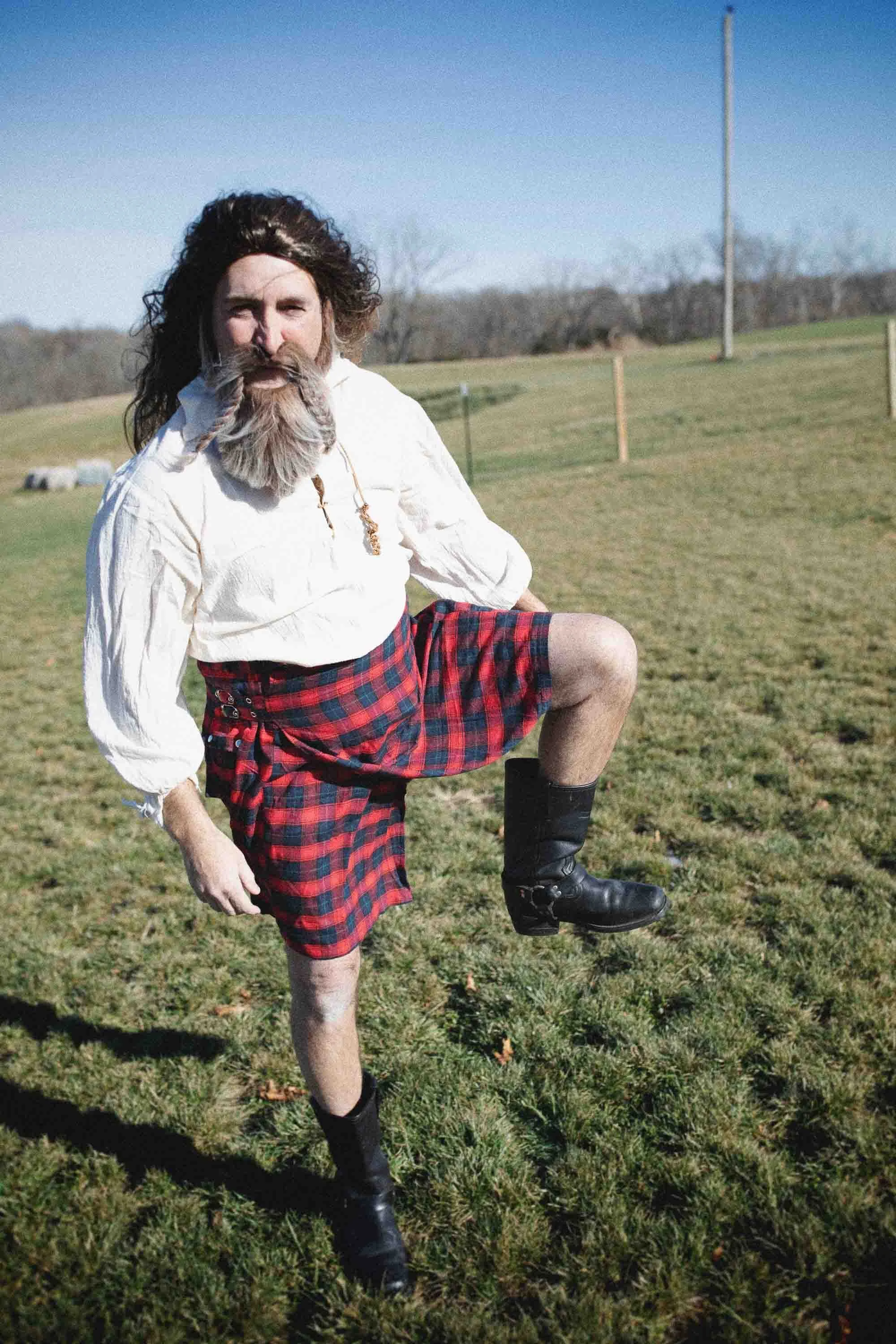 Behind the scenes photo of our Scotsman philosopher posing in a field during the filming of That’s Not How You Christian at the Alpine Goat Brewery.