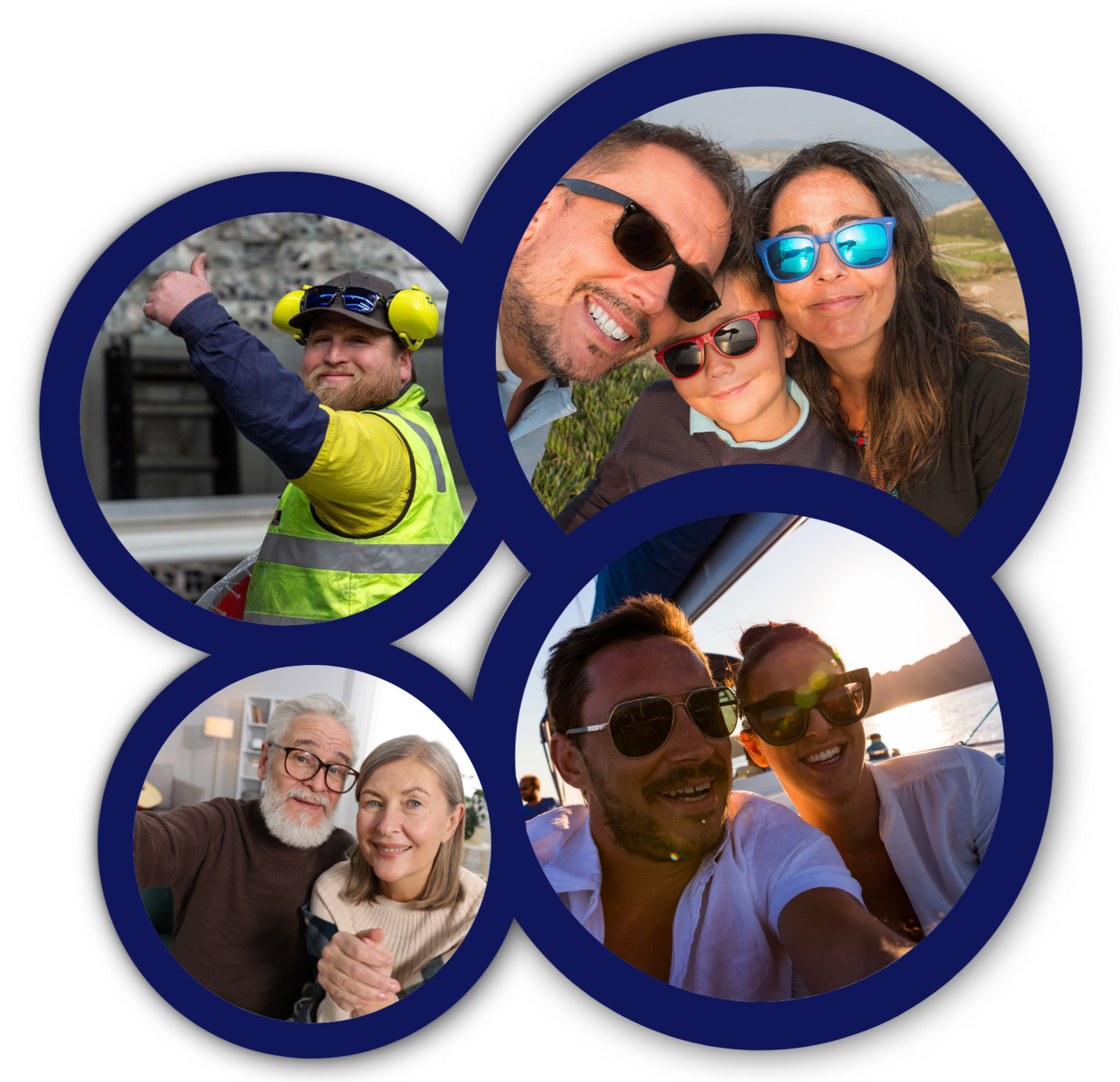 Collage of four photographs: a man with a beard taking a selfie at sunset; a family of three with sunglasses outdoors; a couple with gray hair smiling indoors; a man and woman taking a selfie at sunset on a boat.
