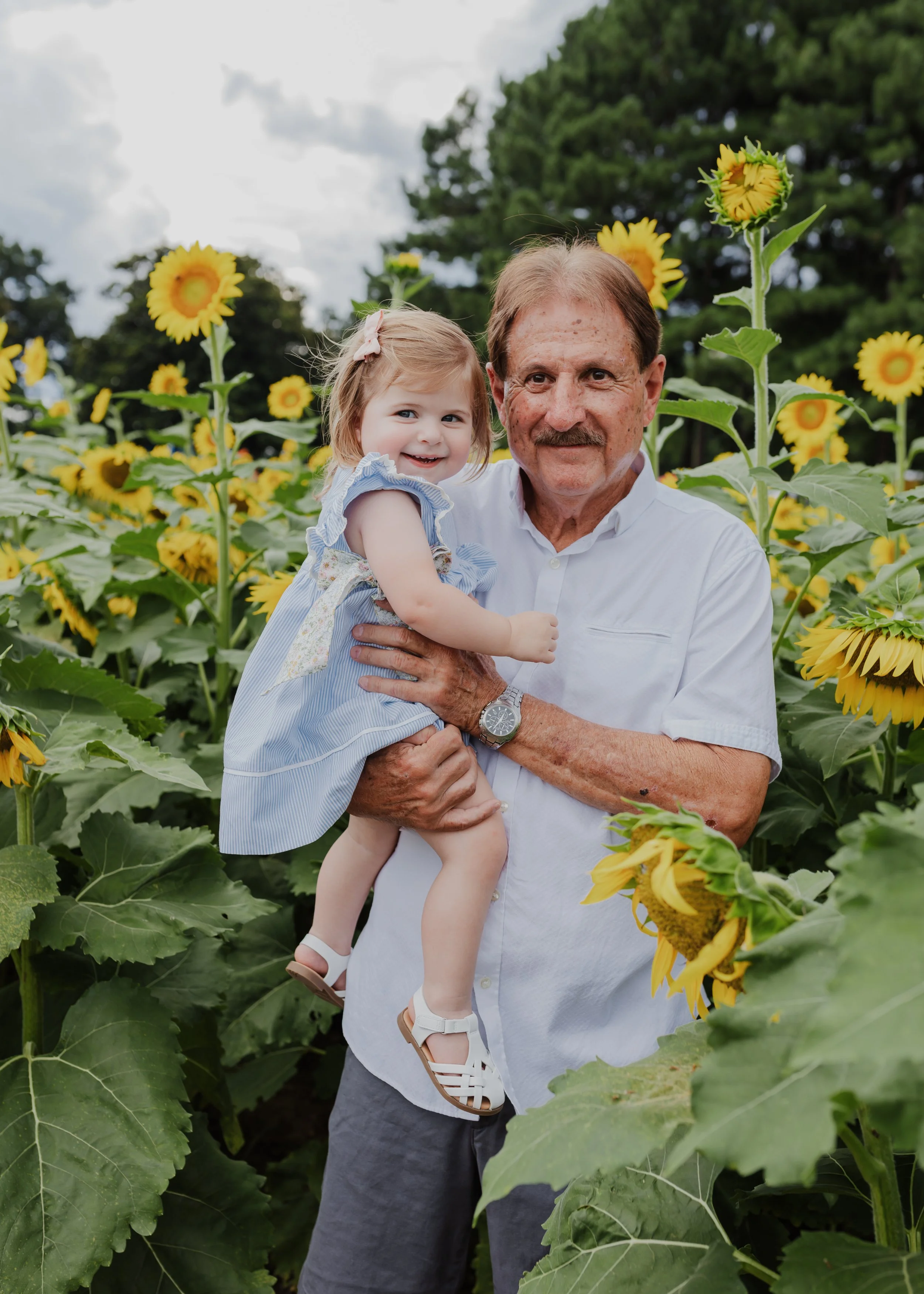 Grandfather holding his granddaughter among bright sunflowers during a family photography session at Dorothea Dix Park in Raleigh.