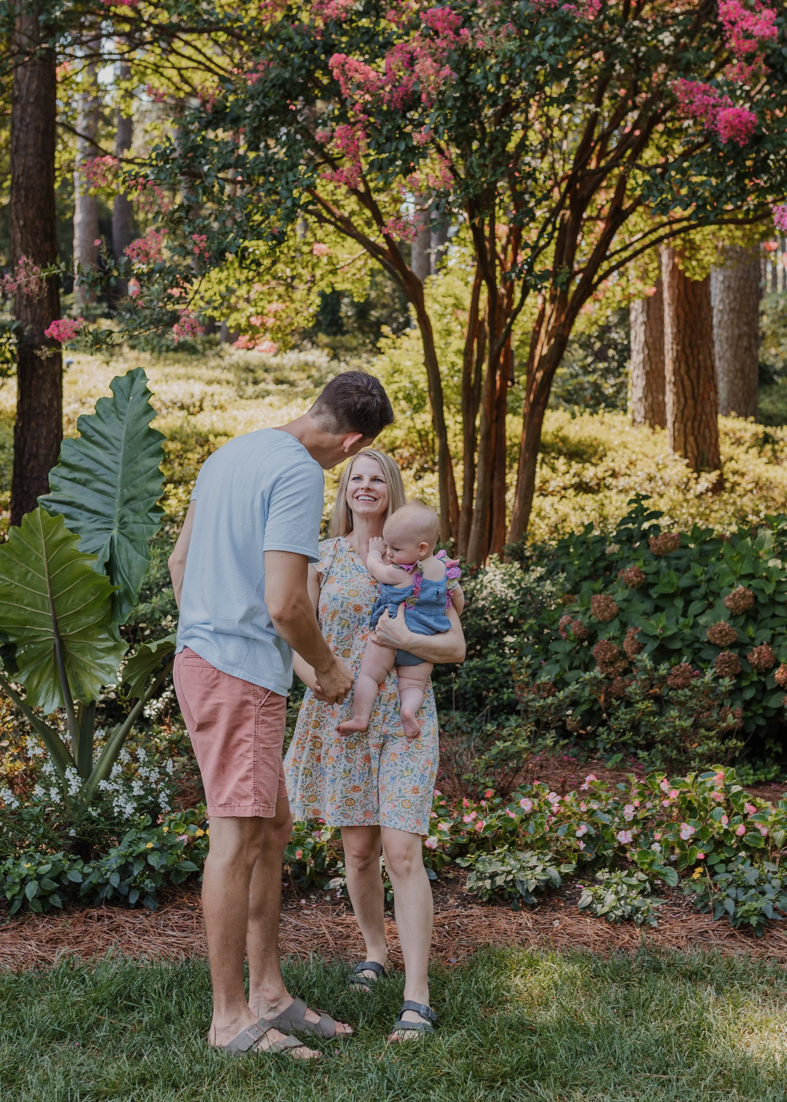 Mom holds baby and husband's hand while standing in front of blooming flowers at WRAL's azalea gardens in Raleigh, NC