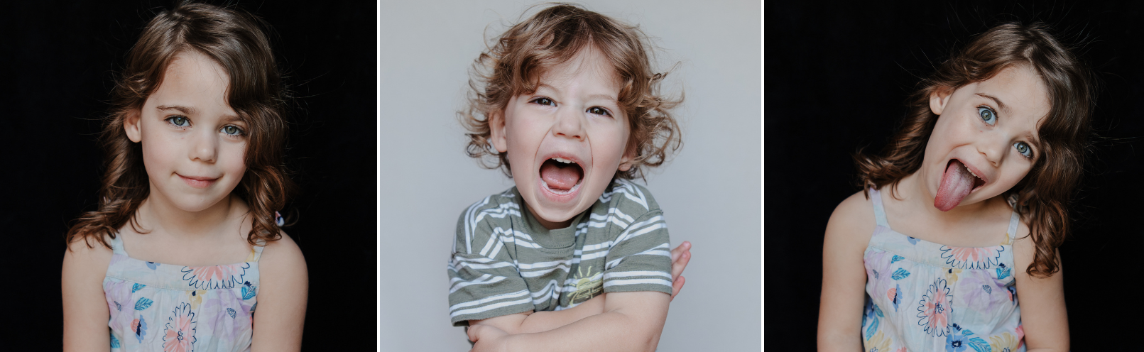 Three studio portraits showing a child's playful personality during a Raleigh and Durham mini photography session.
