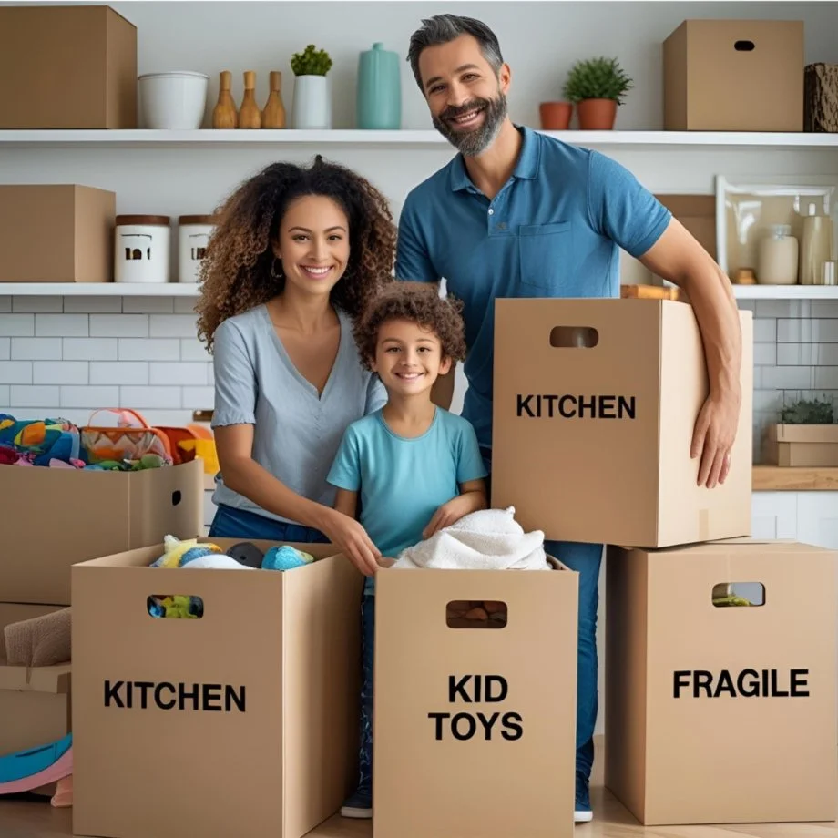 Family packing boxes for moving in a kitchen, smiling on a sunny day.