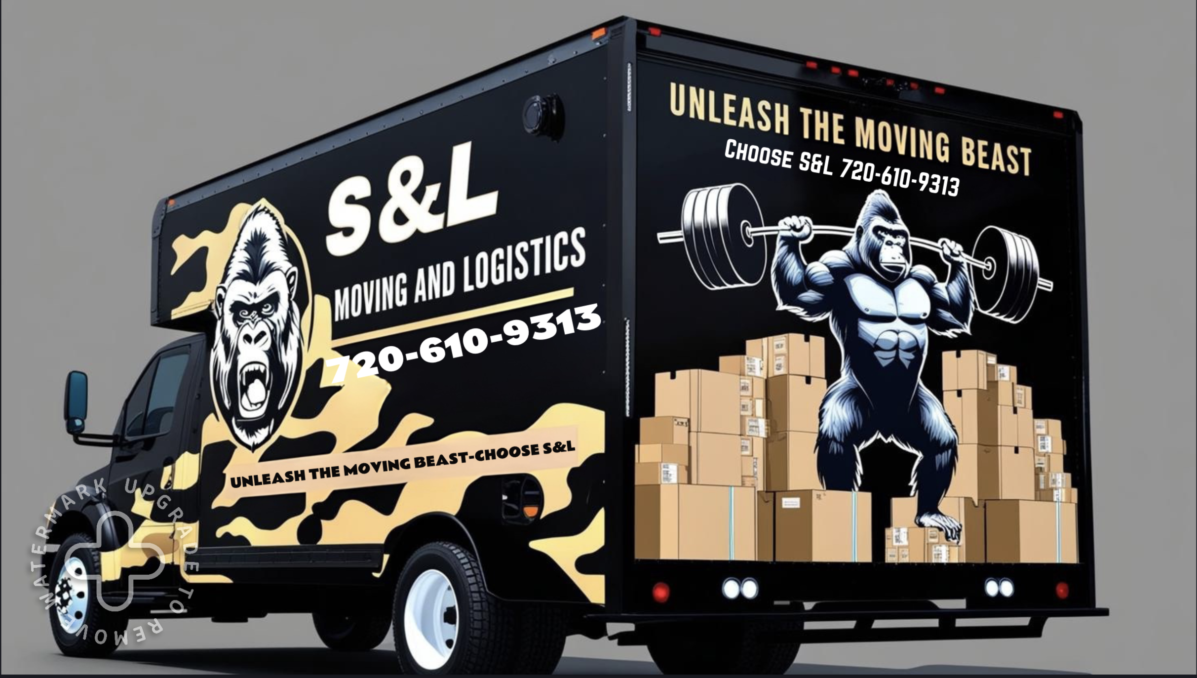 A black moving truck with bold graphics of a roaring gorilla holding a barbell and surrounded by stacked boxes. The truck advertises S&L Moving and Logistics with the slogan "Unleash the Moving Beast." Contact number 720-610-9313 is displayed.