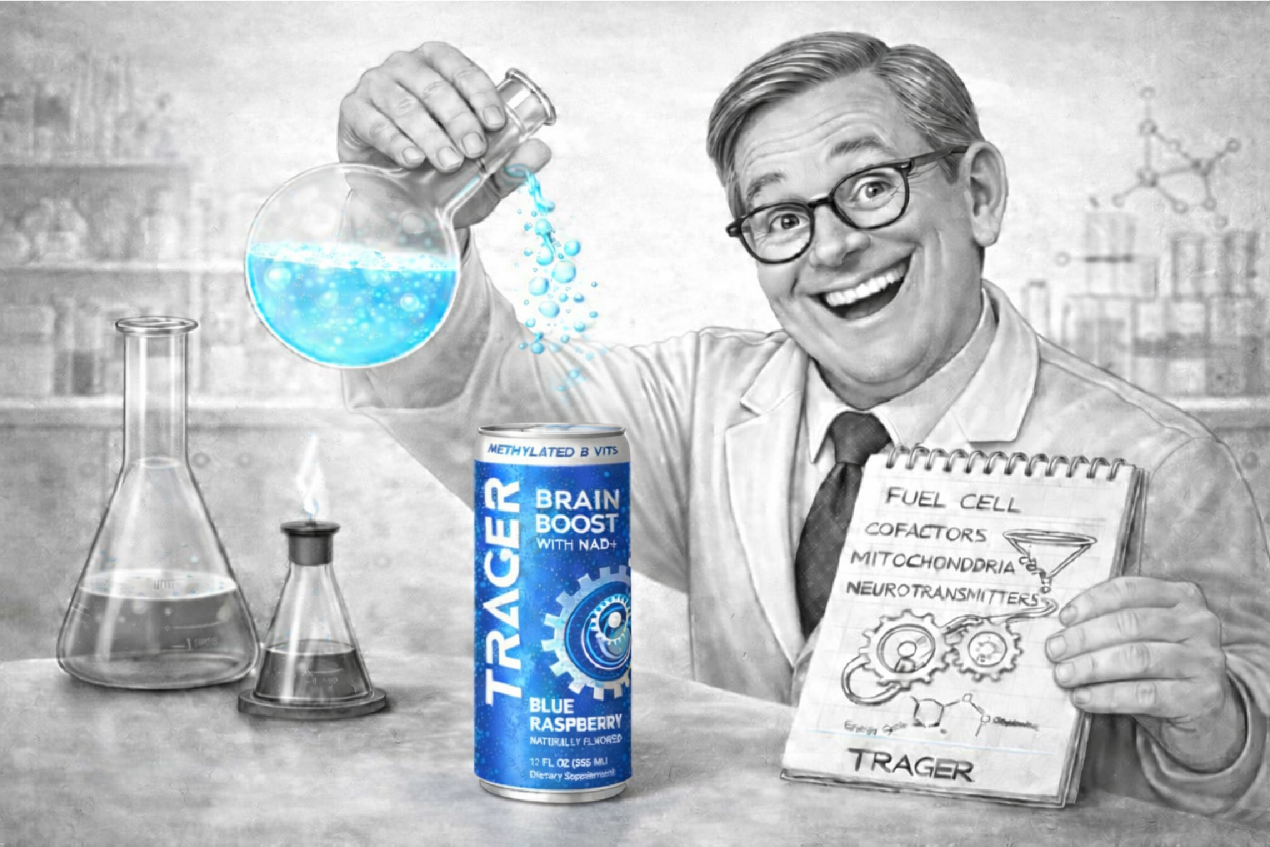 An older man with glasses smiling in a lab, holding a beaker with blue liquid, with scientific equipment and a can labeled "Trager Brain Boost" on the table, and a notepad with notes on fuel cell cofactors, mitochondria, and neurotransmitters.
