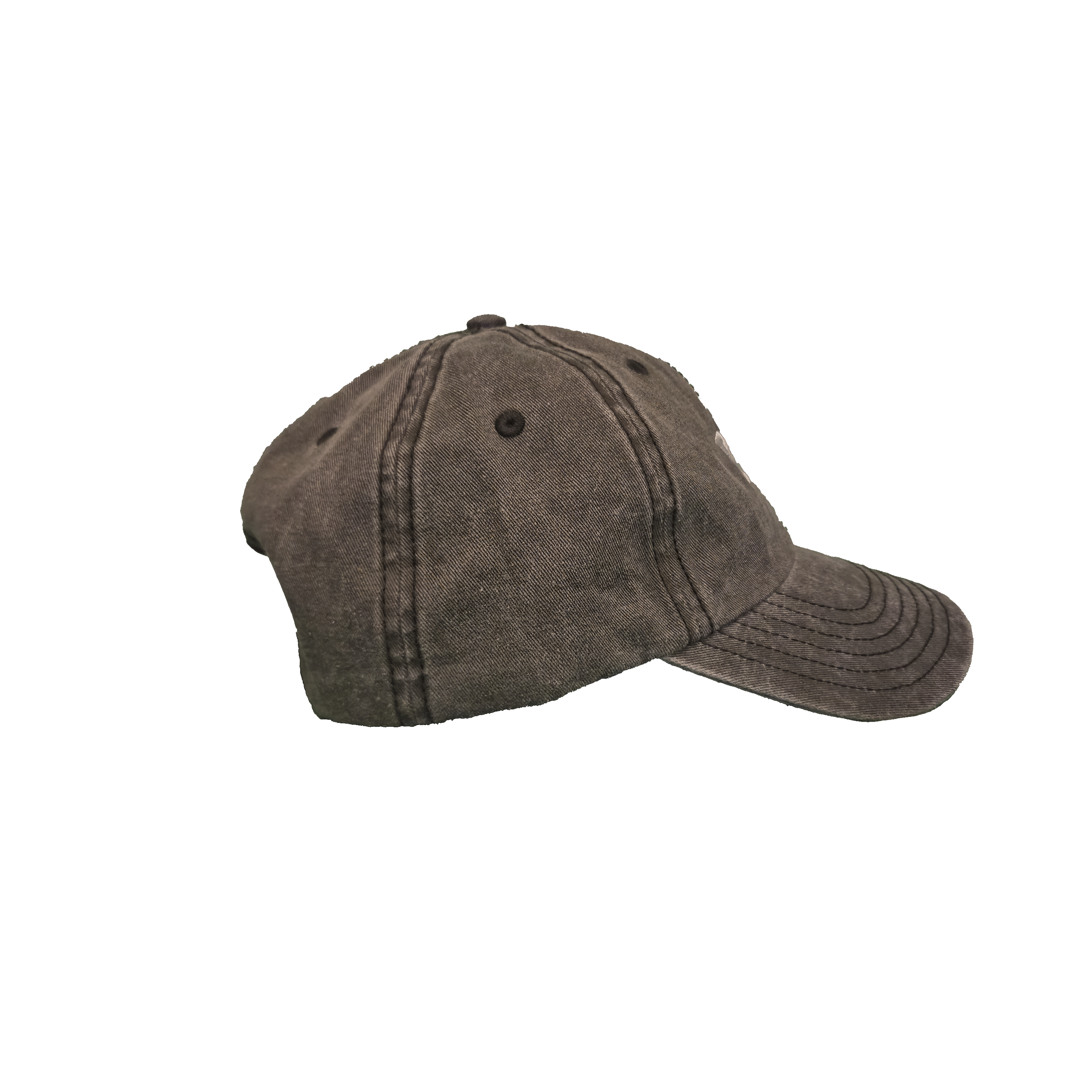 Brown baseball cap with visible stitching and eyelets on a black background.