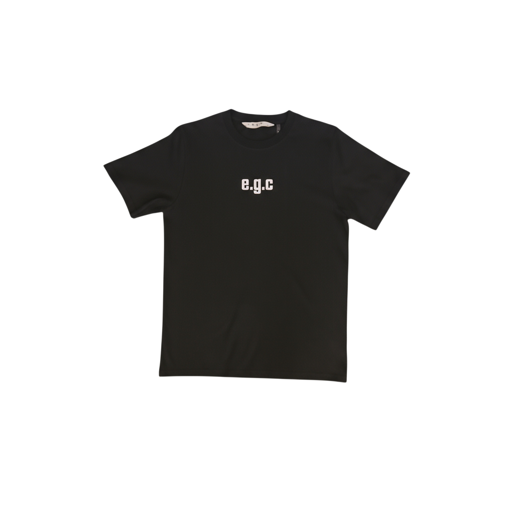 Black T-shirt with white text 'e.g.c' on the front.