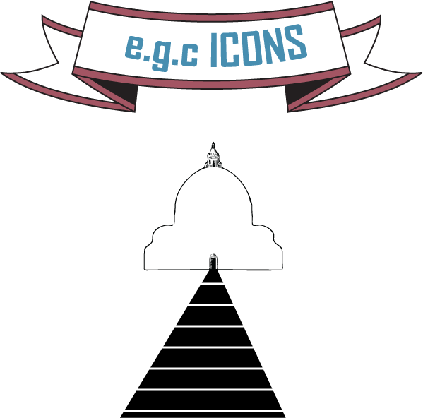 Illustration of a temple or monument with a domed roof and a small structure at its base, with a ribbon banner at the top reading 'e.q.c ICONS' in blue text.
