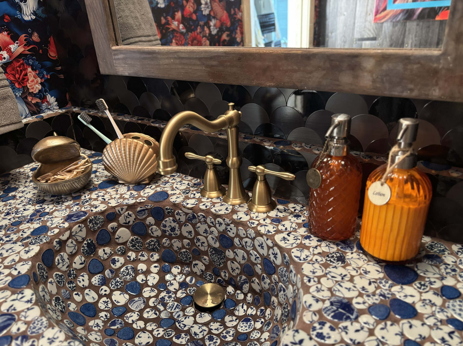 Mosaic porcelain sink and countertop
(per price and availability of materials, applied to existing substrate. Does not include hardware nor disconnecting or reinstalling of the fixtures)

estimate for 4ft sink and countertop $800