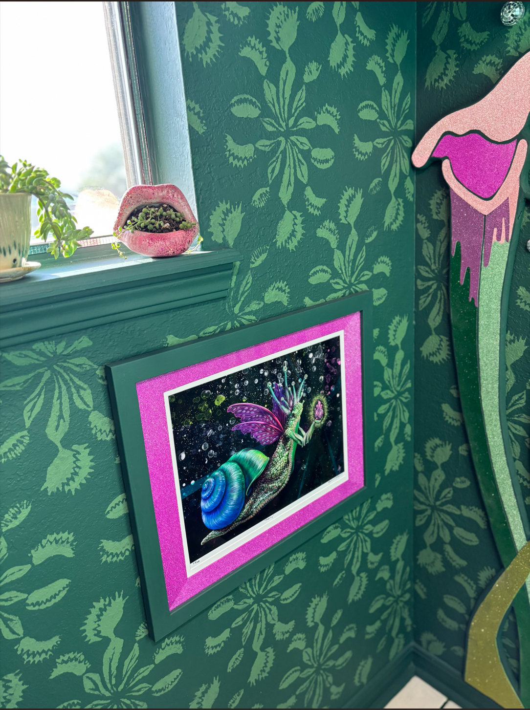 Hand Stenciled Venus Flytrap Damask 
(two tone paint job that can be applied to a  textured wall. BUT, if you have smooth walls please just order my wallpaper  from spoonflower!)

estimate for 1 standardish wall: $600