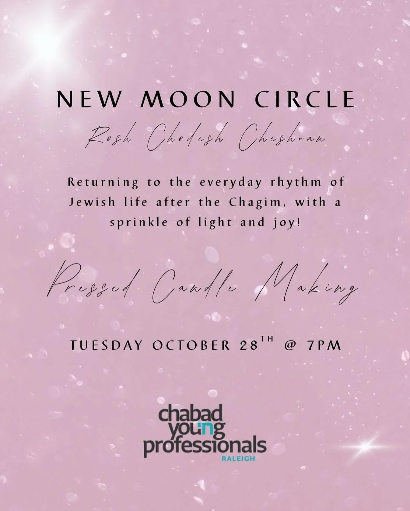 An Evening of Light, Reflection, and Renewal⁣
As the moon begins anew, we gather to welcome the quiet beauty of Cheshvan -  a month of depth, stillness, and hidden light.⁣
⁣
Join us for an intimate evening of candle-crafting, soulful connection, and 