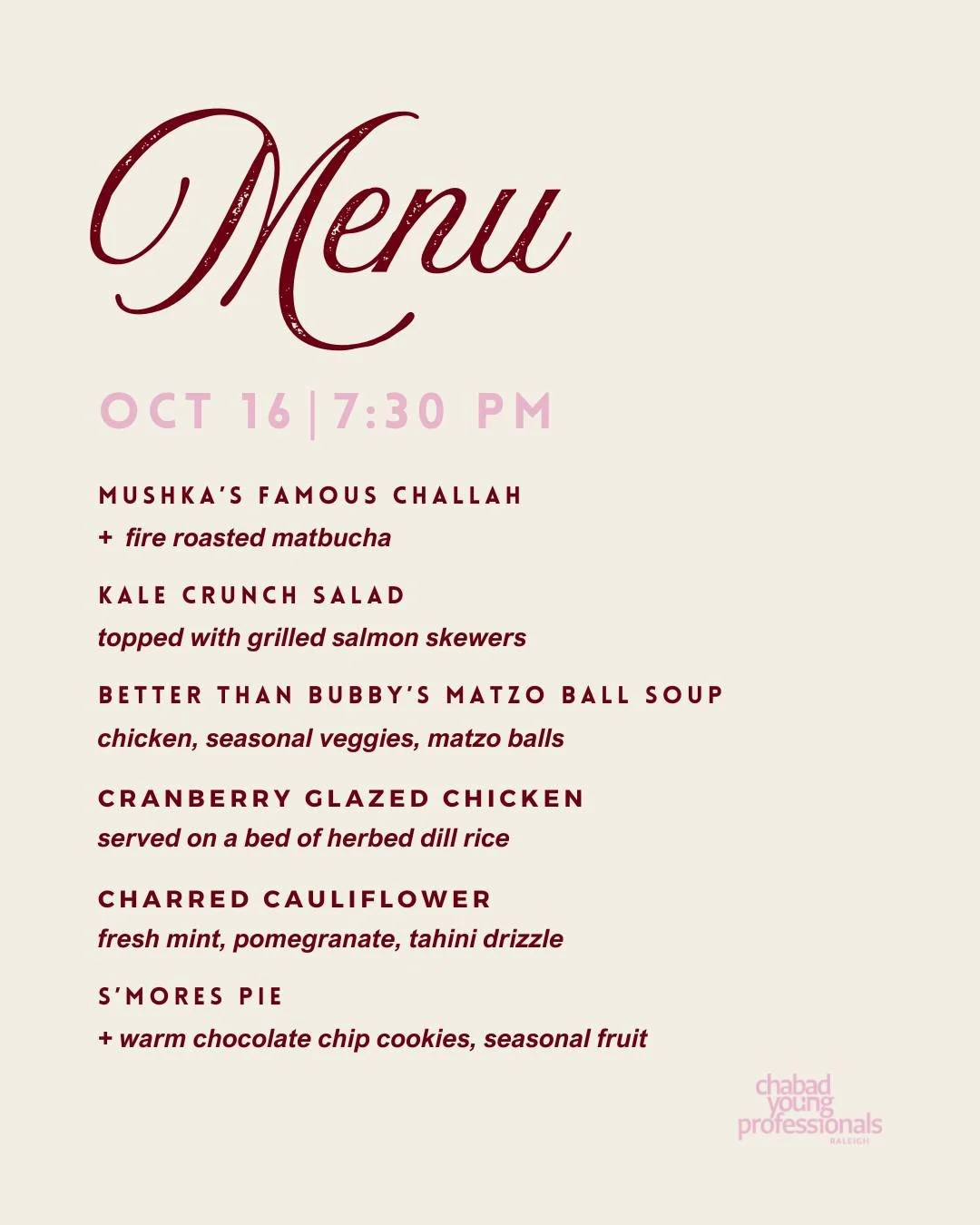 Shabbat at the Shul is almost here. And if we did not yet have enough reasons to be excited, this menu drop feels like the icing on the cake. 

This reimagined winter Shabbat series is downright magical: 

An intimate dinner filled with real conversa