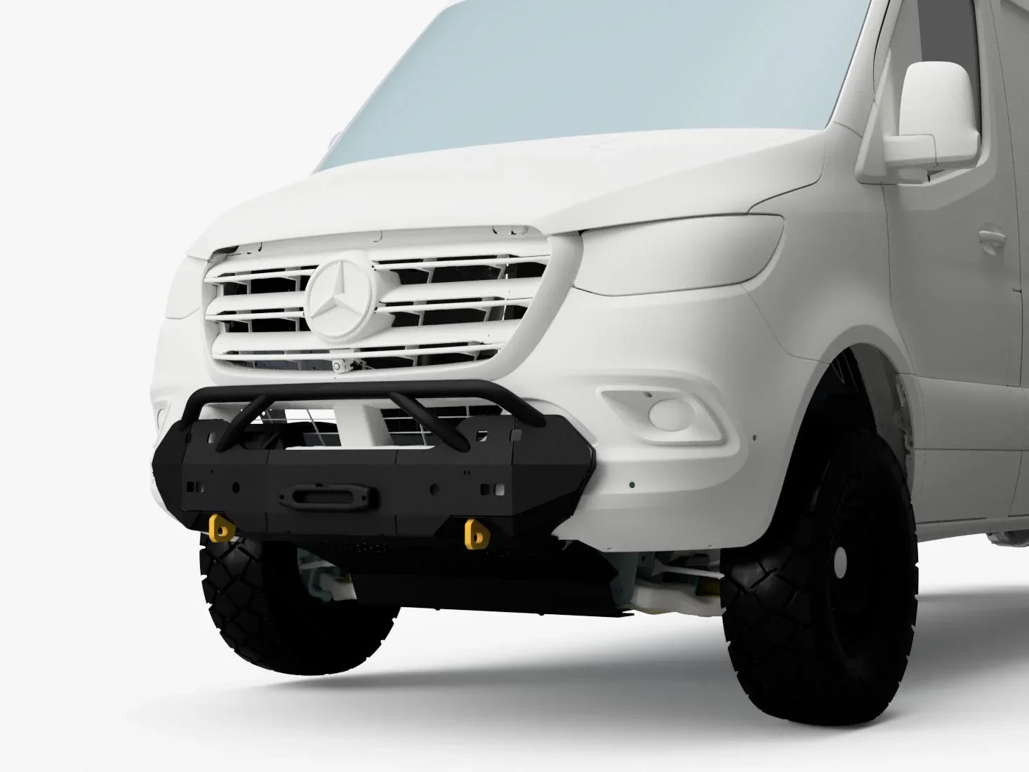 Front view of a white Mercedes-Benz van with off-road tires and a black front bumper guard.
