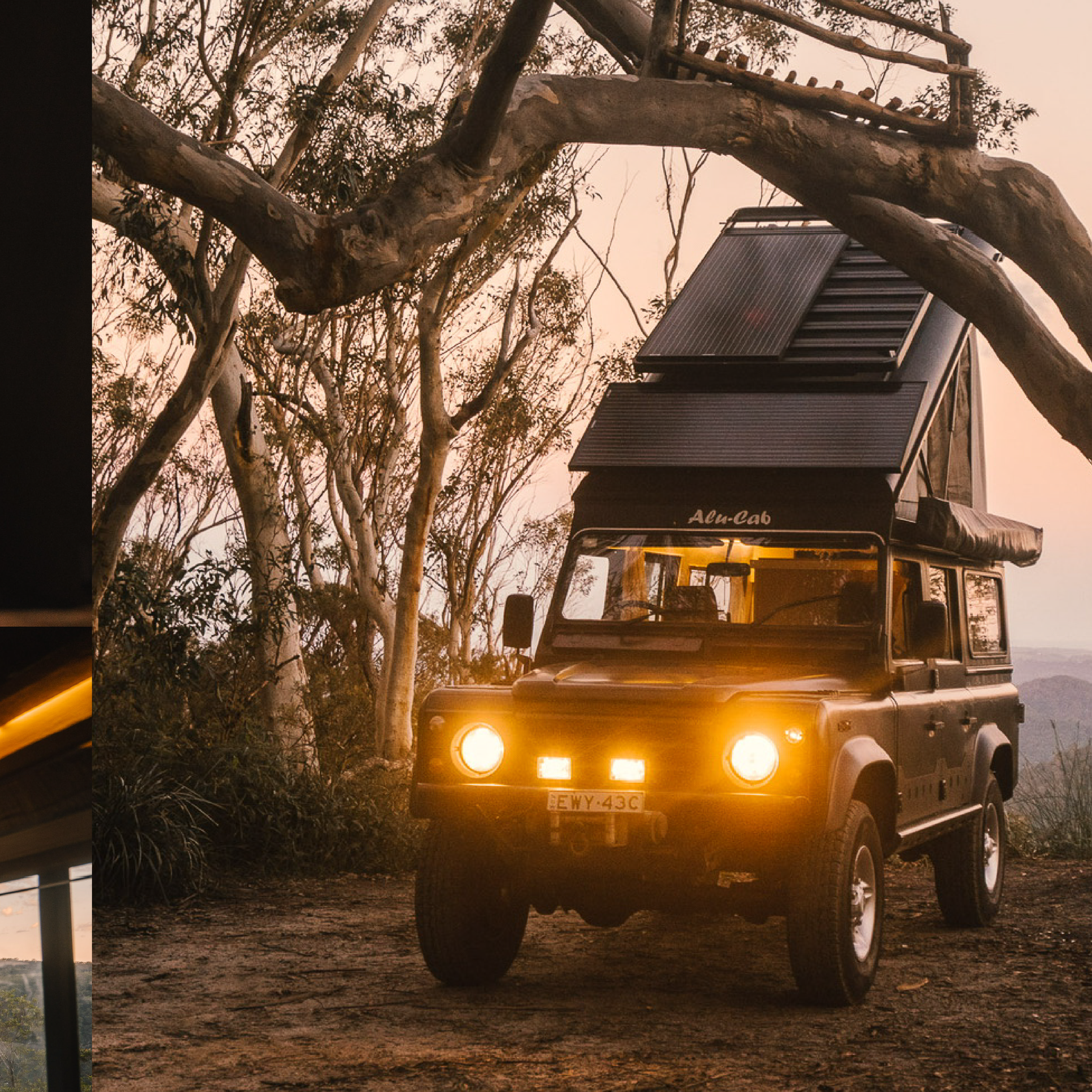 An off-road vehicle outfitted with solar panels on a tree-top structure at sunset or sunrise in a forested area.