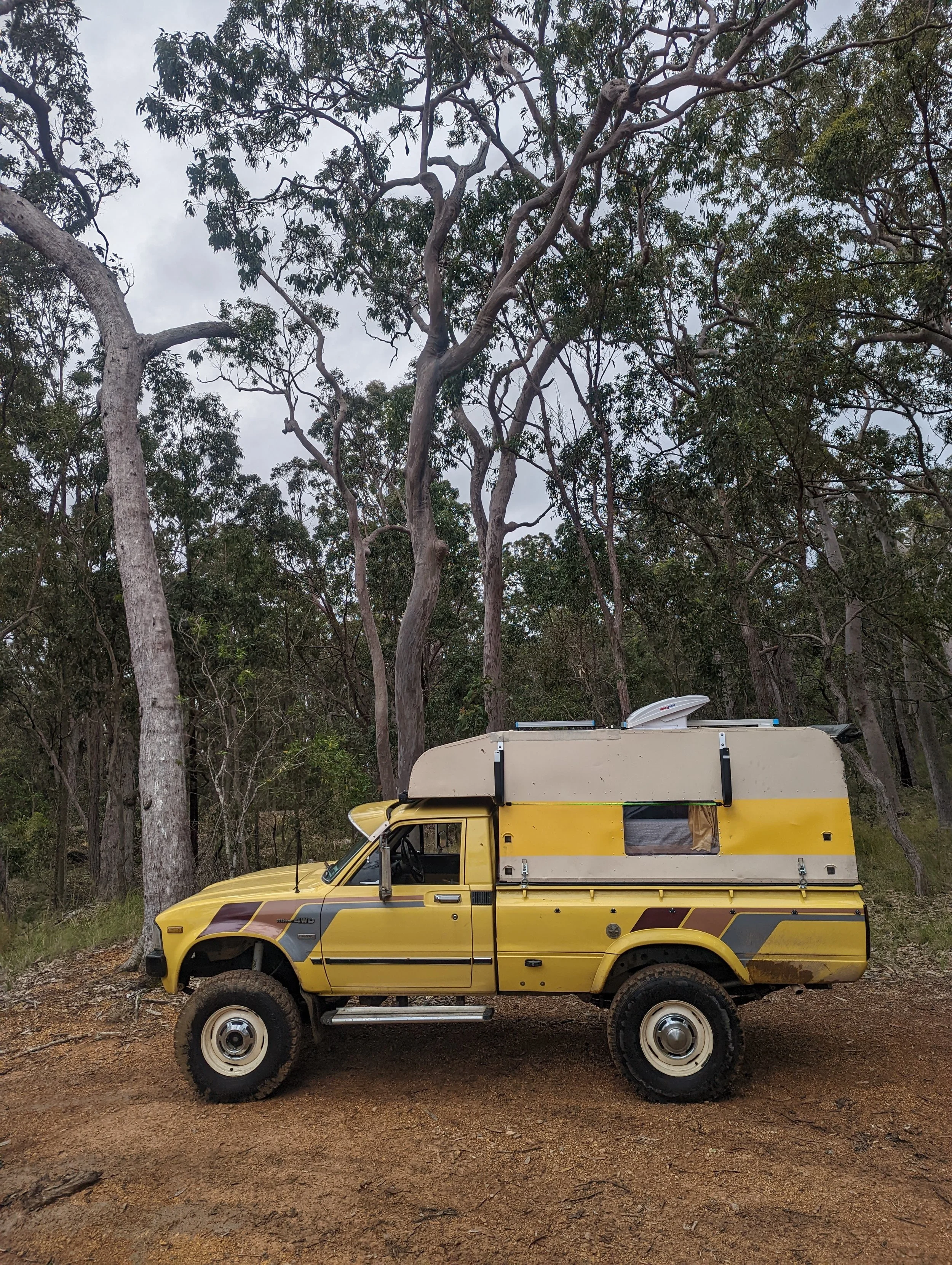A yellow and beige off-road camper vehicle parked on dirt ground, surrounded by tall trees with sparse foliage under an overcast sky.