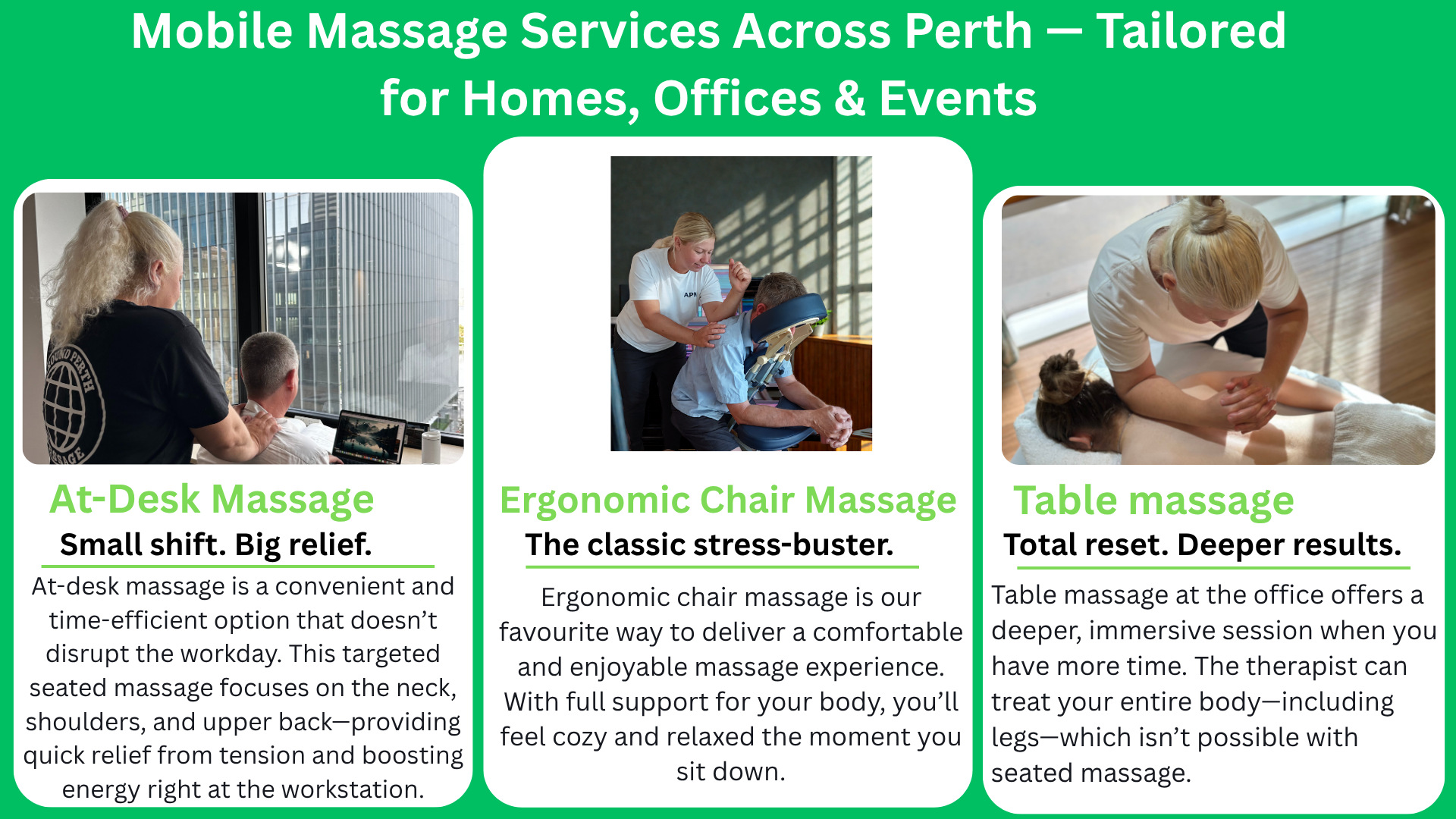 Around Perth Massage - mobile massage services across Perth, featuring three types of massages: At-Desk Massage, Ergonomic Chair Massage, and Table Massage, with images of each massage service.