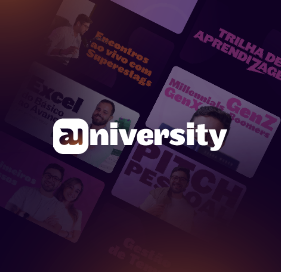University branding overlay with various educational and career-related promotional cards, including images of people and bold text.