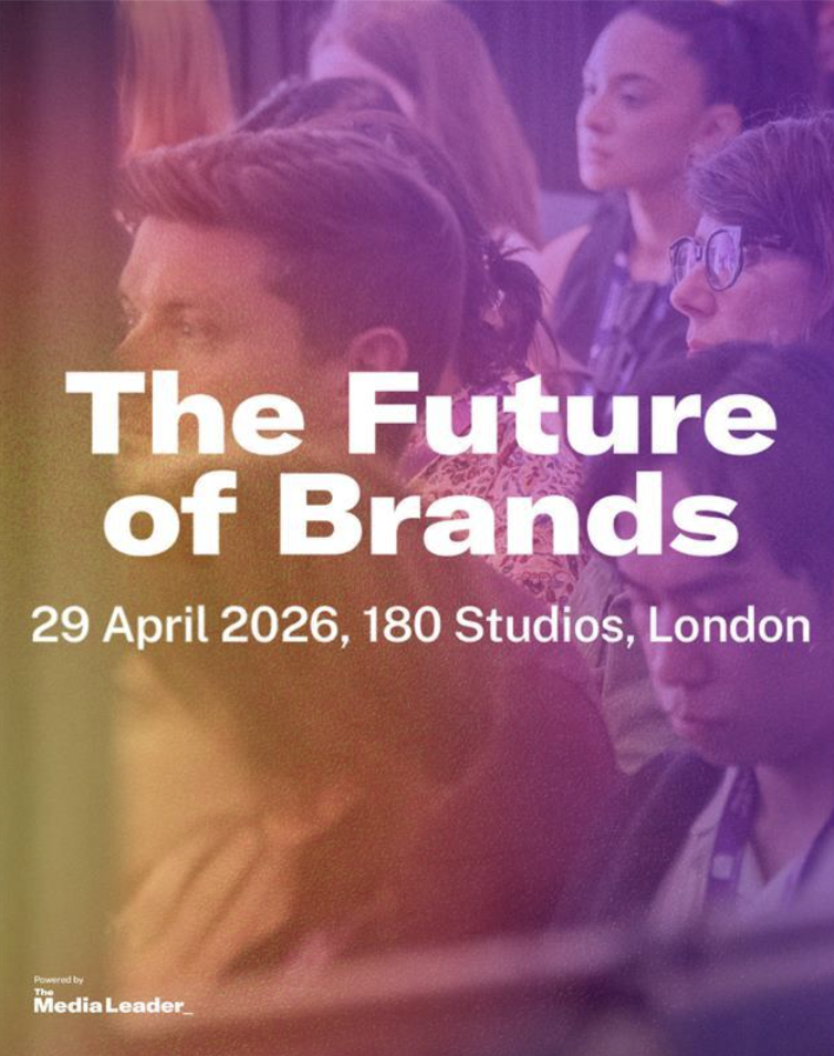 Event poster titled 'The Future of Brands' scheduled for April 29, 2026, at 180 Studios in London, showing a group of diverse people attending the event.