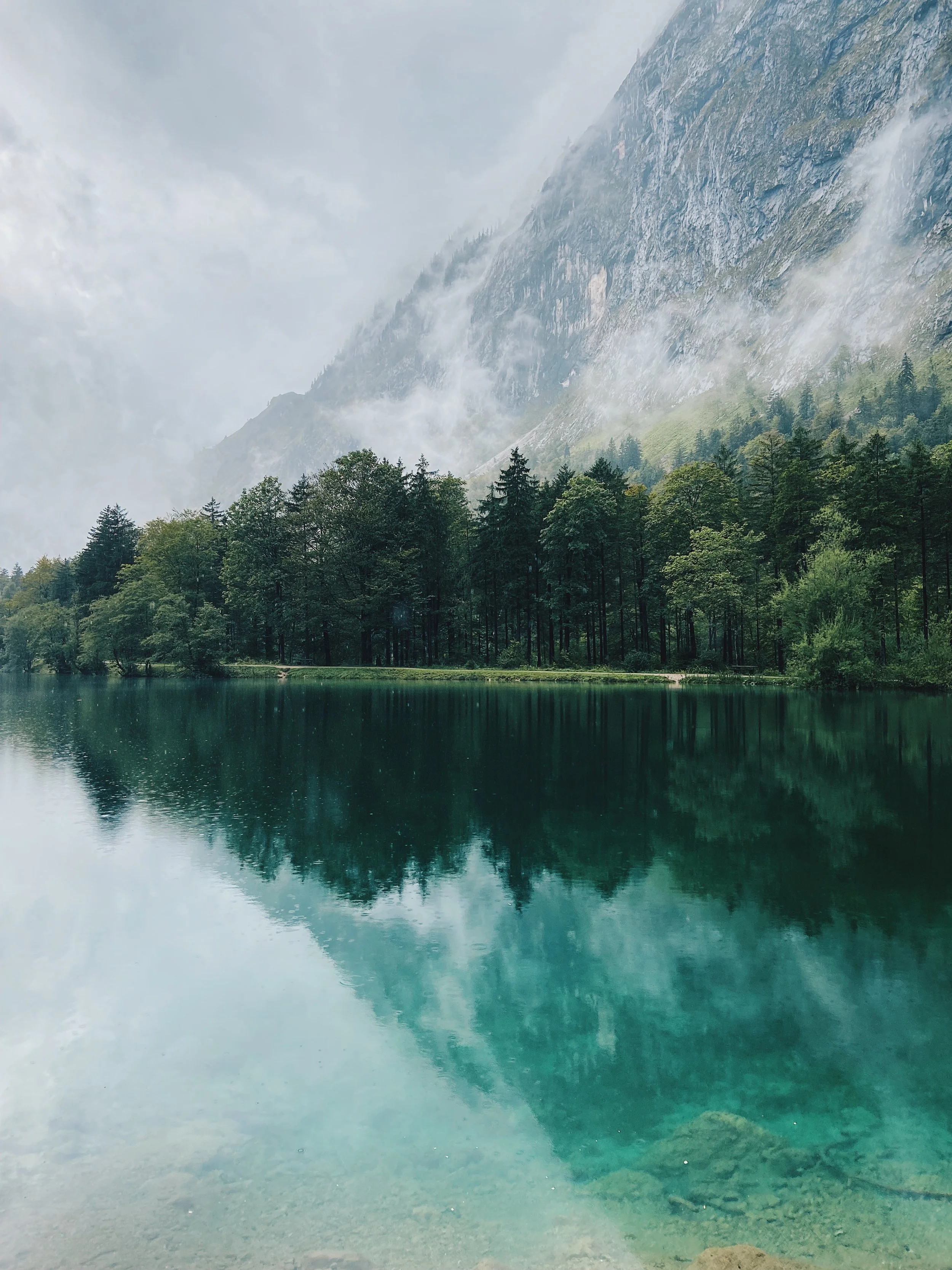 Scenic view of a mountain lake surrounded by trees, with mist and fog in the mountains.