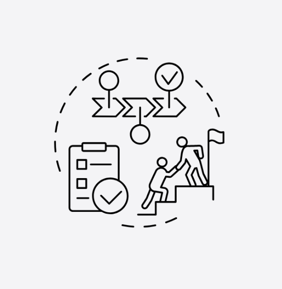 Line drawing of two people ascending stairs towards a flag, with a checklist and checkmark, and charts with arrows indicating progress, symbolizing goal setting and teamwork.