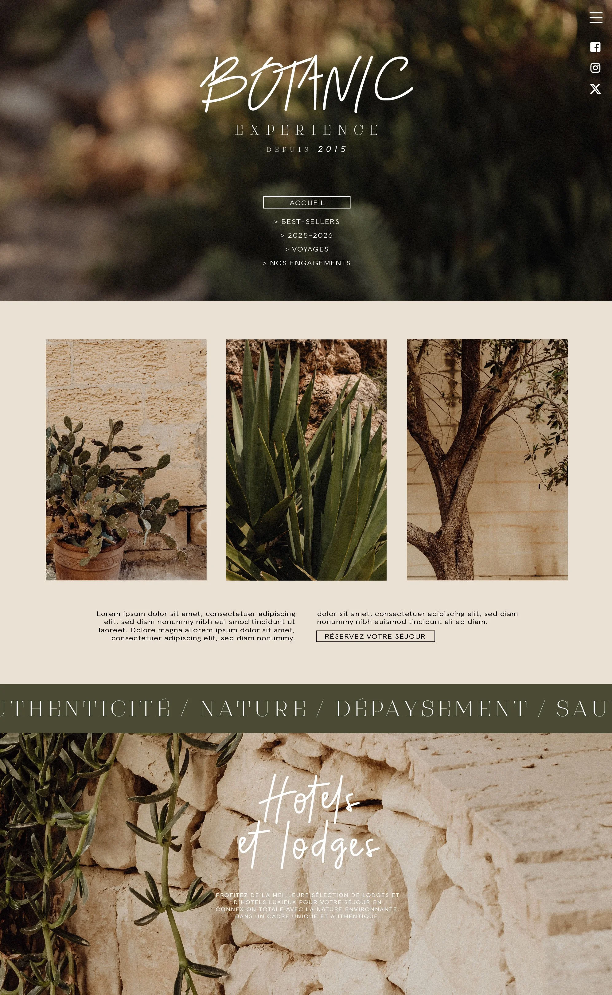 Page d'accueil d'un site web de tourisme mettant en avant des lodges et hôtels dans un environnement naturel, avec des images de plantes et de paysages, et une navigation vers différentes sections.