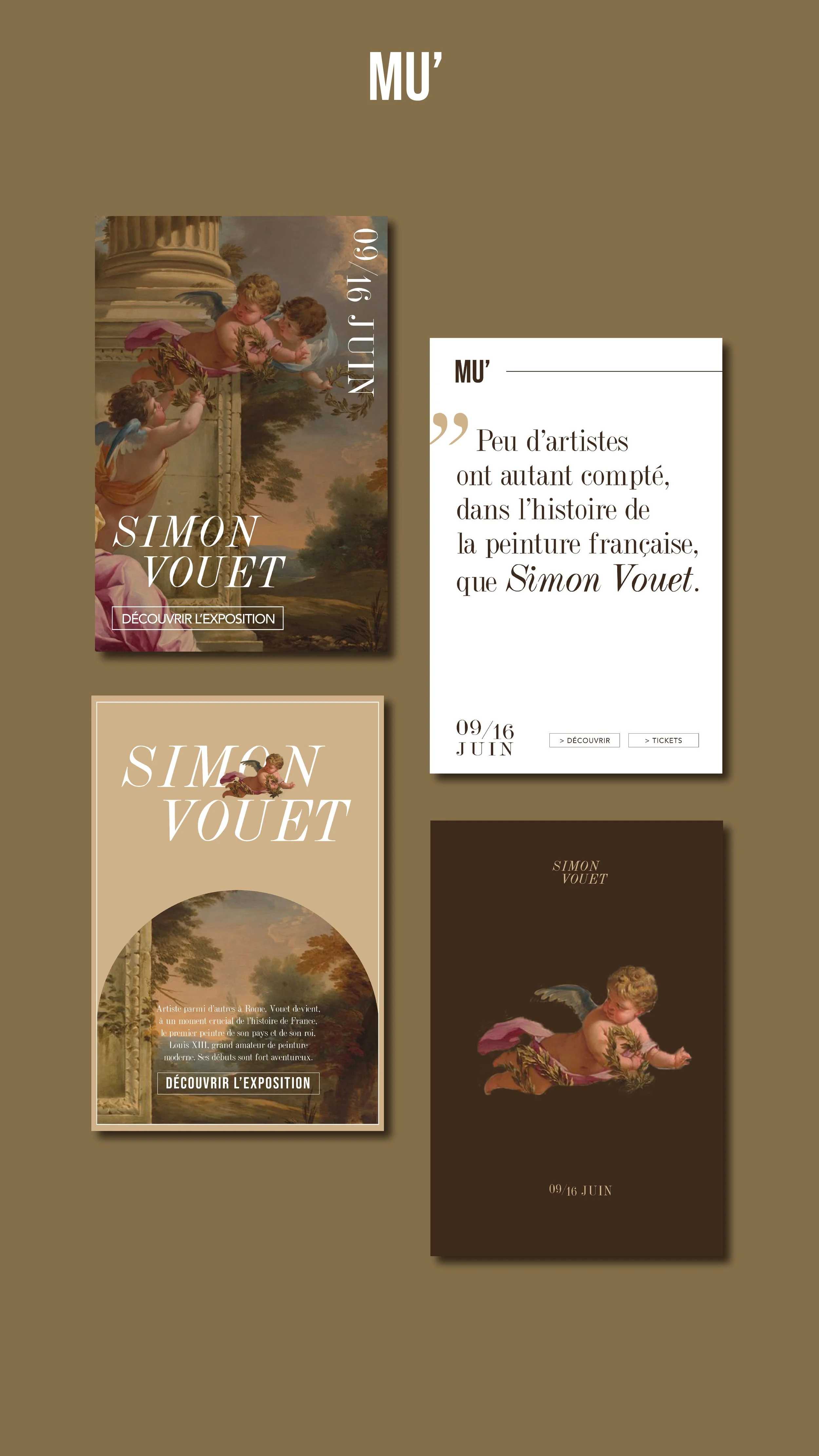Affiches et invitations pour une exposition sur l'artiste français Simon Vouet, comportant des images de peintures de style classique, un fond beige et brun, et des textes en français