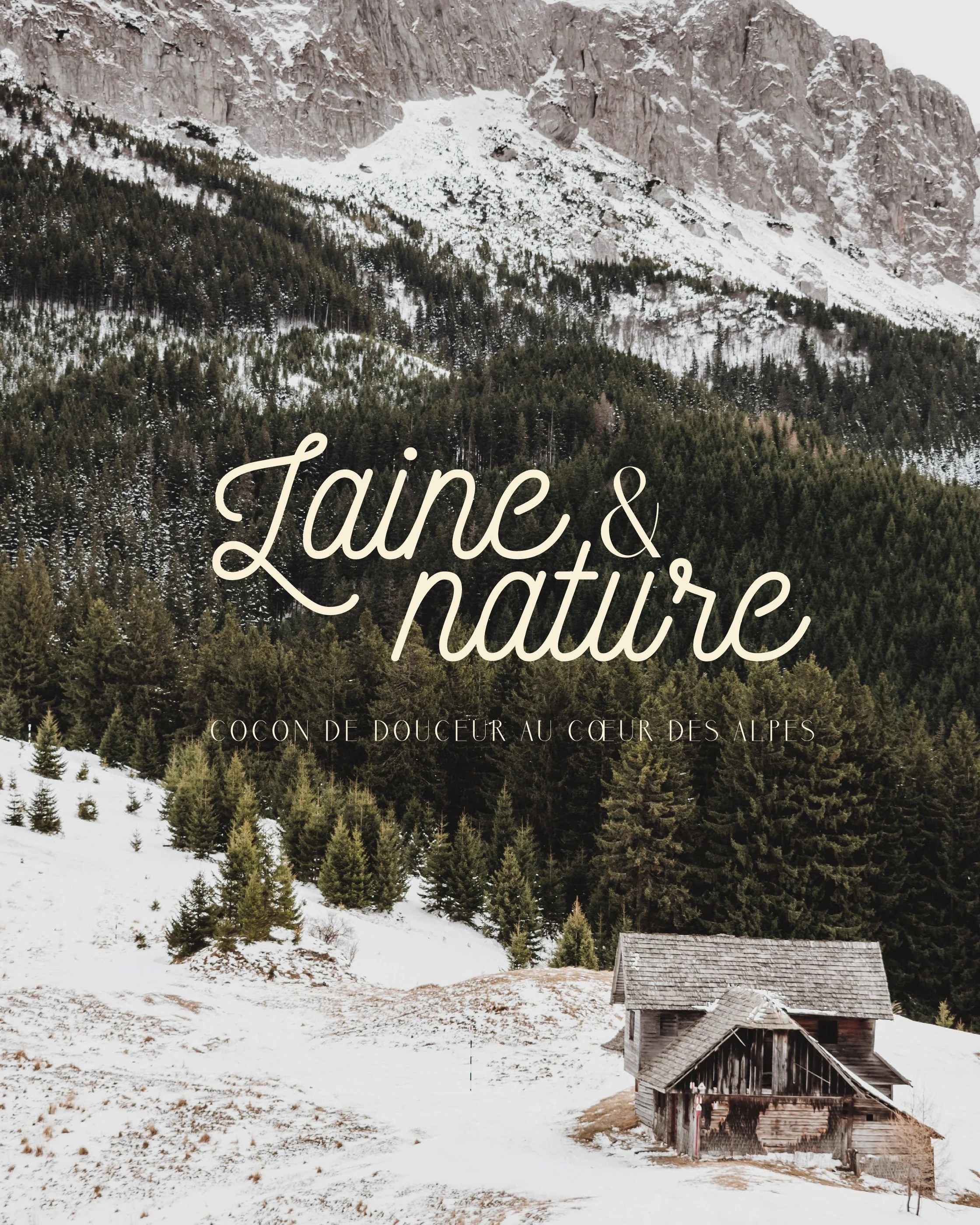 Paysage hivernal avec une forêt de conifères, des montagnes enneigées et une cabane en bois.