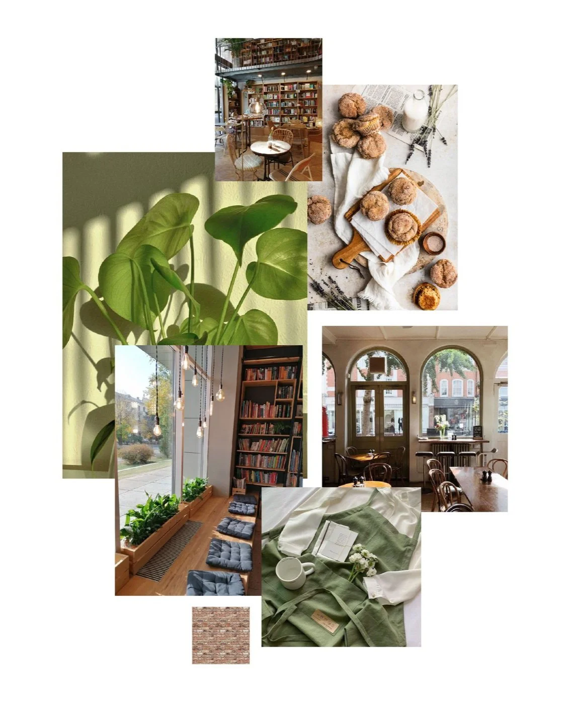 Une composition de plusieurs photos montrant un intérieur de café ou bibliothèque avec des étagères remplies de livres, des tables et chaises, une plante verte, des coussins sur un banc près d'une fenêtre, une table avec des livres, une tasse et un j