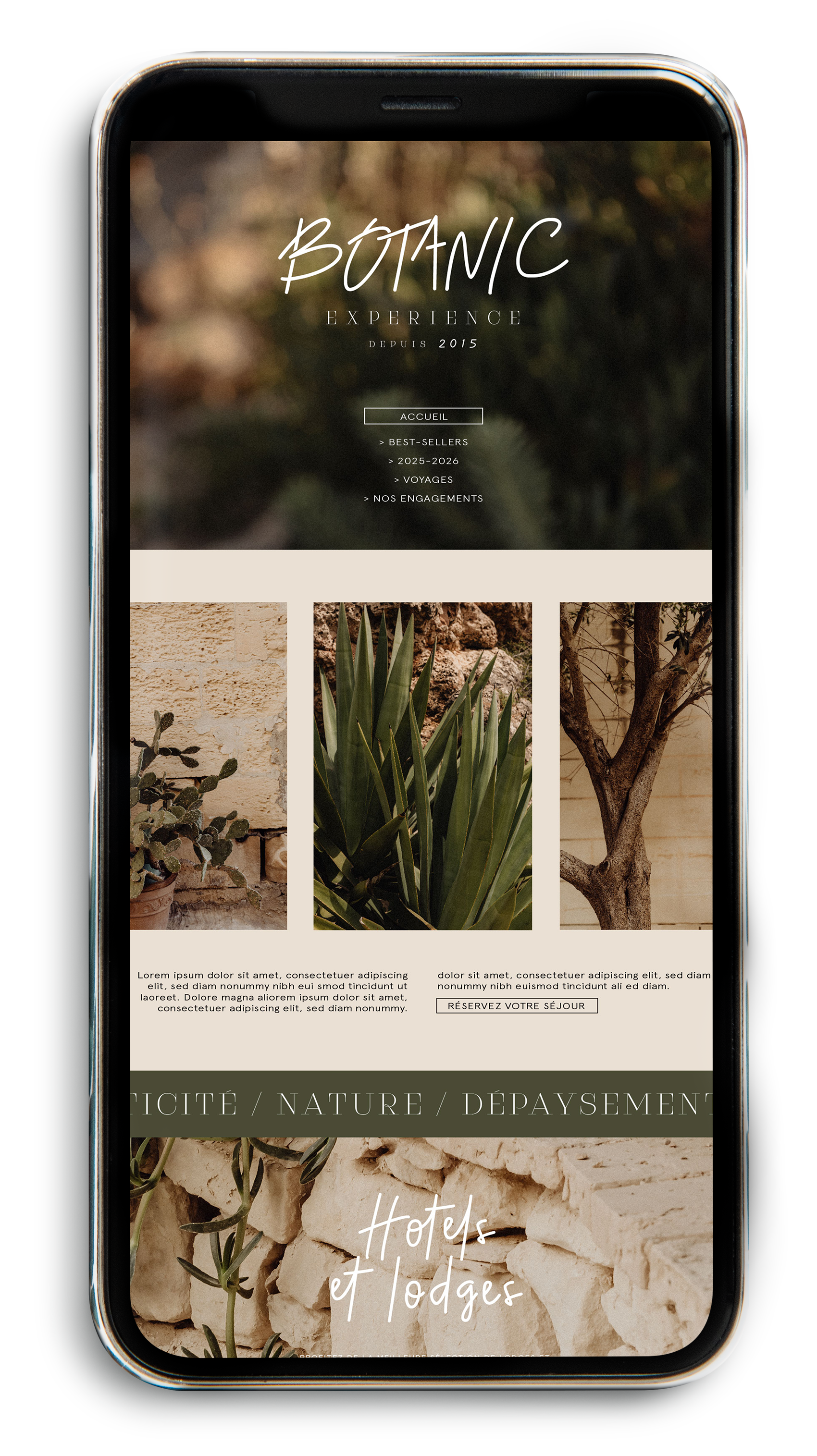 Page web de Voyage Botanique, une agence de voyage spécialisée en nature et séjours en hôtels et lodges, avec des images de plantes et des options de réservation.