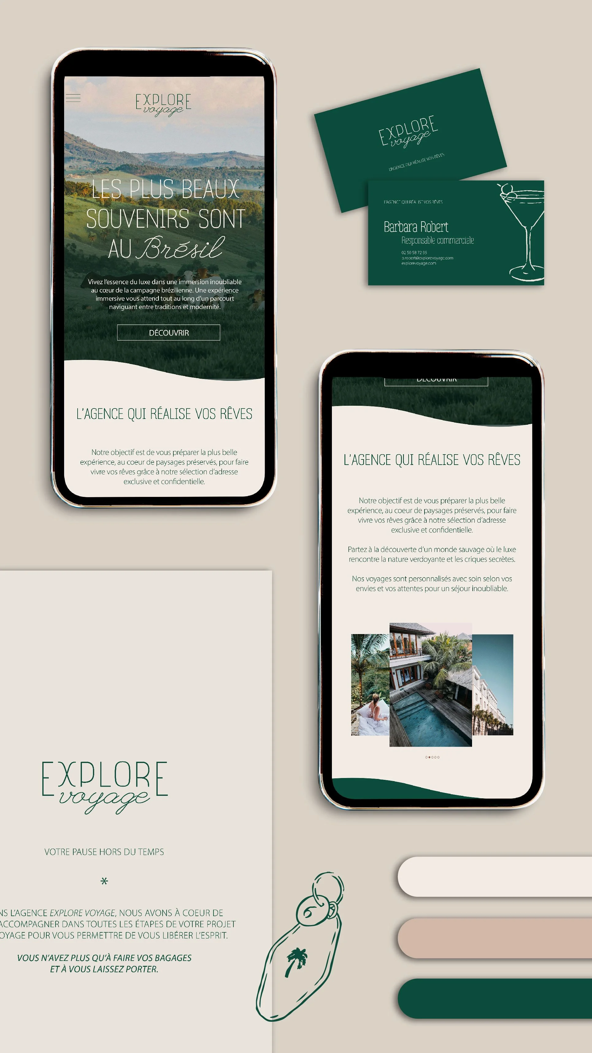 Une maquette de site web et de cartes de visite pour une agence de voyage appelée "Explore Voyage", présentant des images de paysages brésiliens, des photos de villas et de piscines, avec des éléments de design en vert et beige.