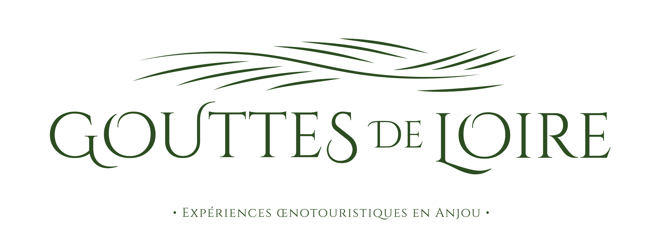 Logo avec un dessin de champs de vigne et le texte 'Gouttes de Loire' en vert foncé, suivi de 'Expériences oenotouristiques en Anjou' en plus petit.