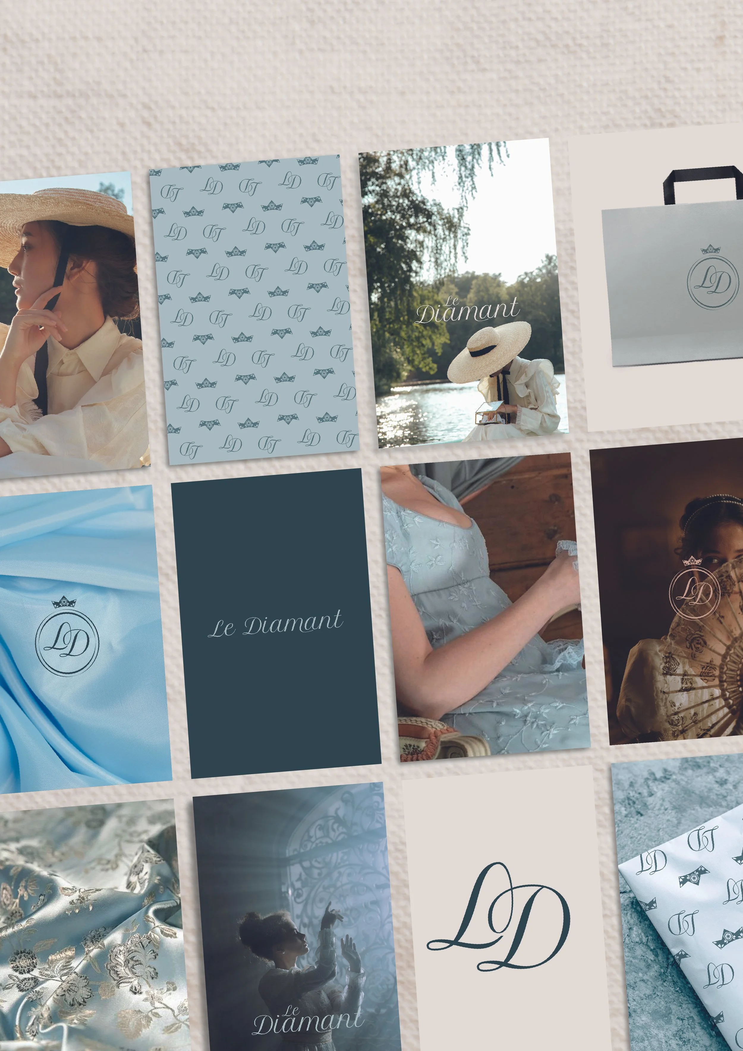 Collage de plusieurs images et motifs avec le texte "Le Diamant" et un logo "LD"