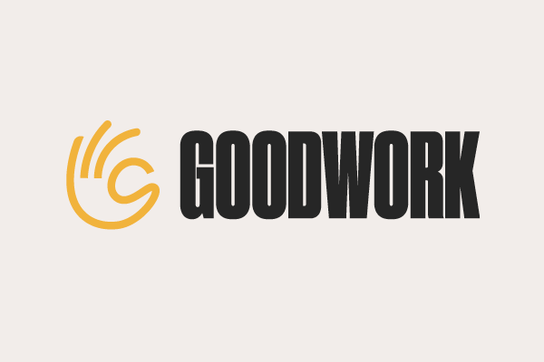 Logo with the text 'GOODWORK' and a stylized minimalist hand-like design in yellow on the left.