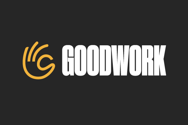 Logo with the word 'GOODWORK' and a stylized hand icon on a black background.