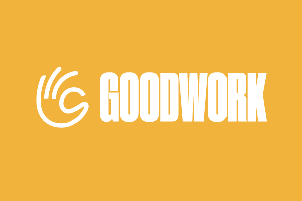 Logo with stylized hand design and the word 'GOODWORK' in bold white letters on a yellow background.
