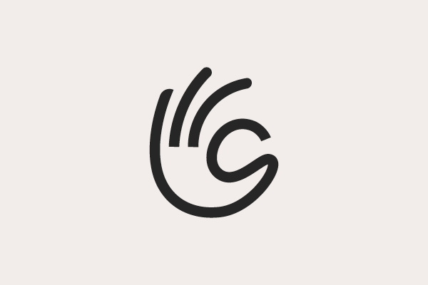 Abstract hand symbol with curved lines in black on a light background.