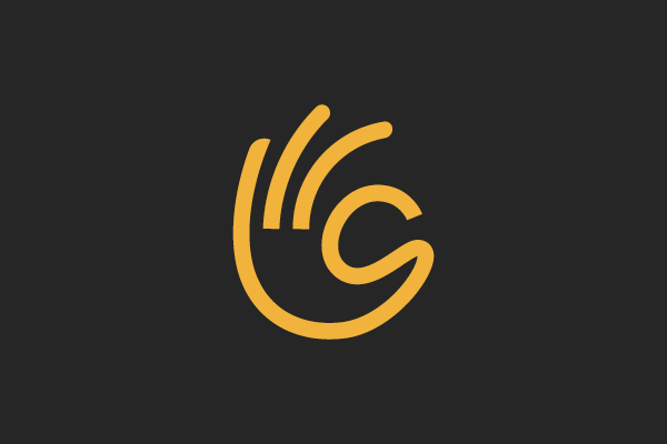 Yellow abstract hand logo on black background