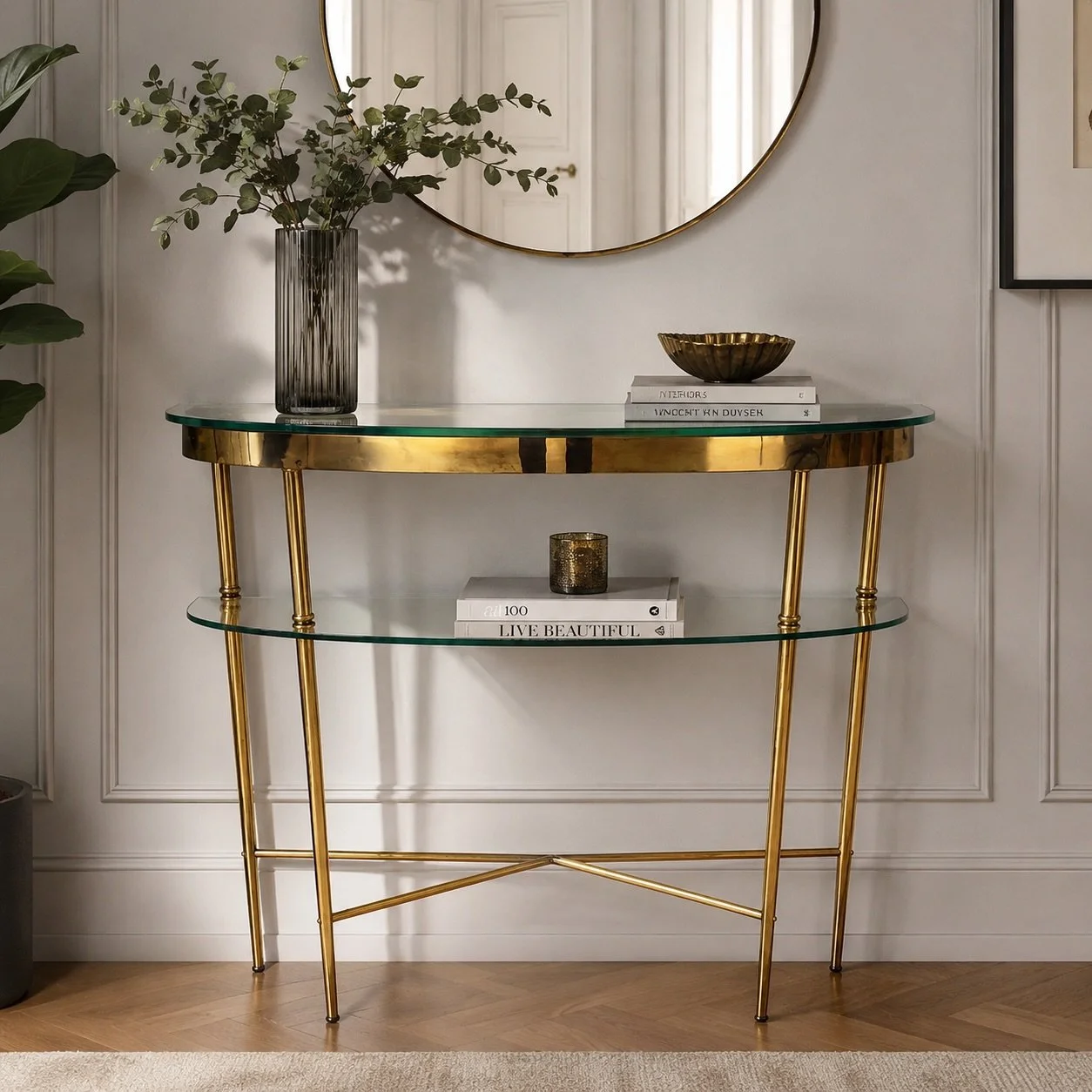 DISPONIBILE - emporium900.com 🟢

Consolle a mezzaluna in ottone e vetro, anni &lsquo;50.

Struttura a pianta semicircolare su quattro gambe affusolate in ottone lucido, collegate da traverse a X alla base. Due ripiani in vetro extrachiaro a profilo 