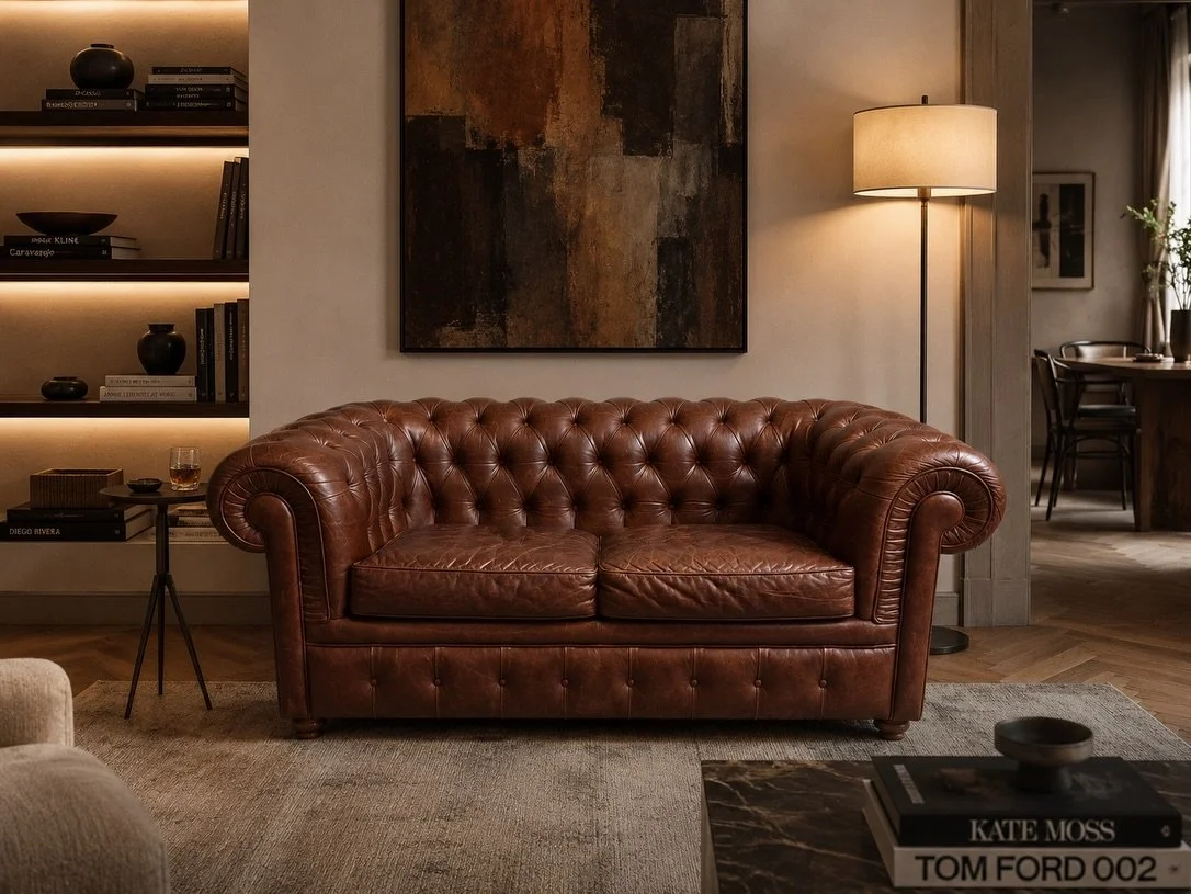 DISPONIBILE - emporium900.com 🟢

Divano Chesterfield a due posti in vera pelle vintage, produzione italiana degli anni &lsquo;80.

Interamente rivestito in pelle naturale color cuoio, con capitonn&eacute; su schienale, braccioli e fascia frontale. C