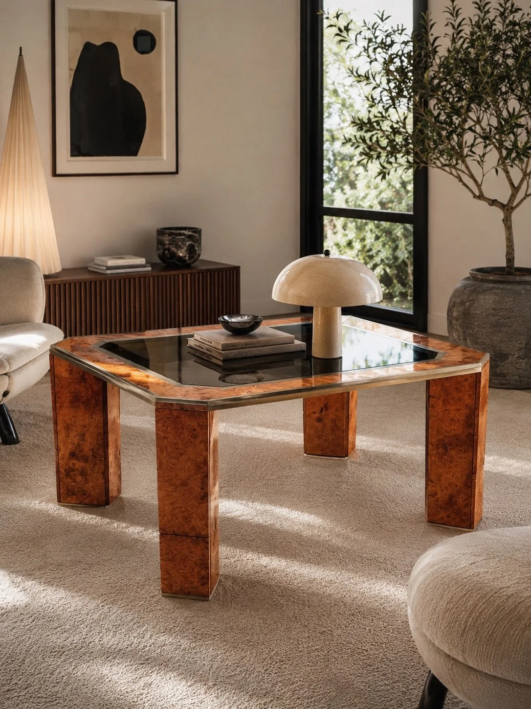 DISPONIBILE - emporium900.com 🟢

Tavolo da pranzo disegnato da Willy Rizzo, con minibar integrato in radica e ottone, anni &rsquo;70.

Struttura in legno impiallacciato in radica con profili perimetrali in ottone satinato e piano in vetro fum&egrave