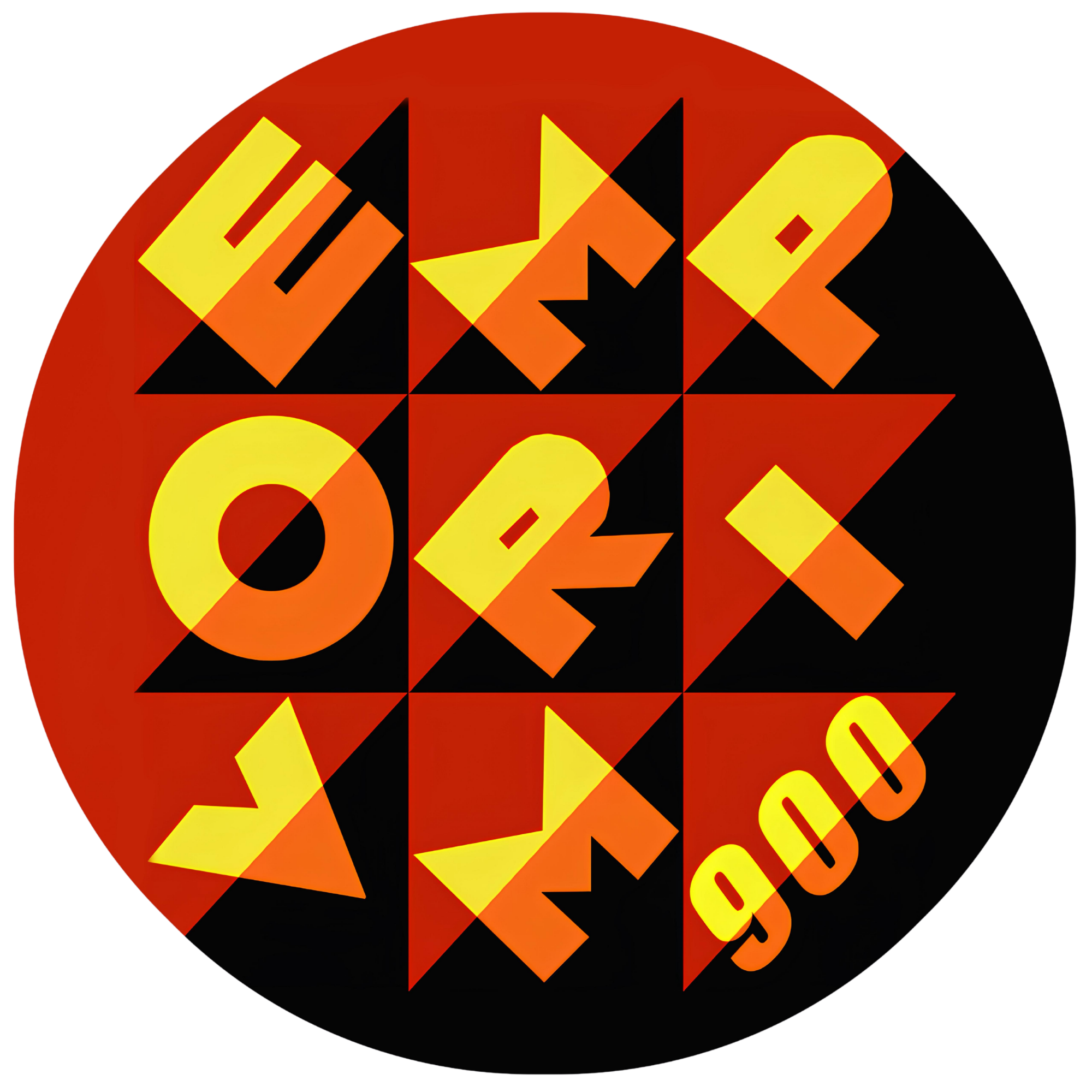 Grafica colorata con testo 'ultra ox 900'. Design geometrico con forme astratte in colori giallo, arancione e nero su sfondo circolare.