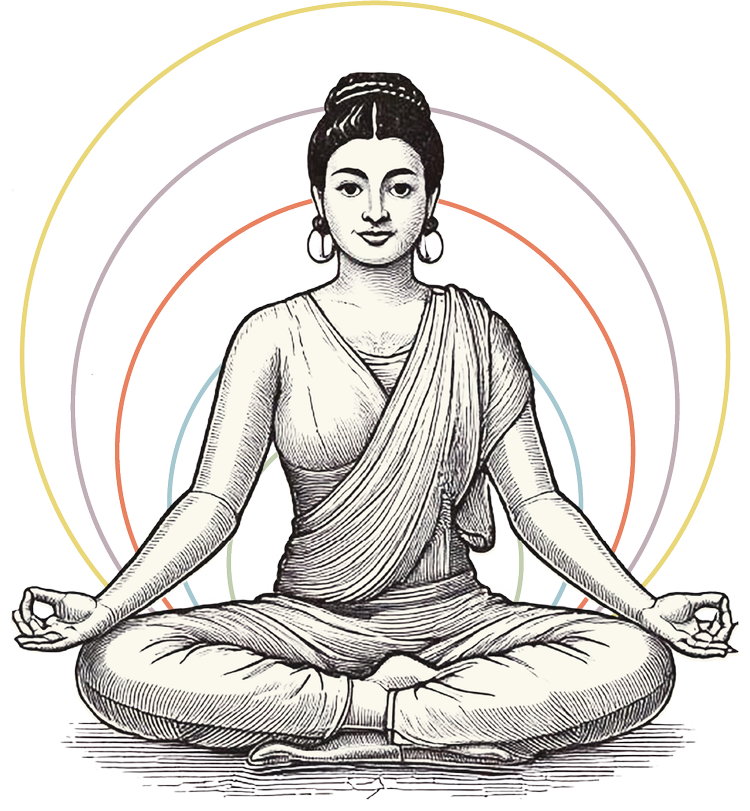 KoTara illustration of a seated meditator within rings for space, air, fire, water and earth