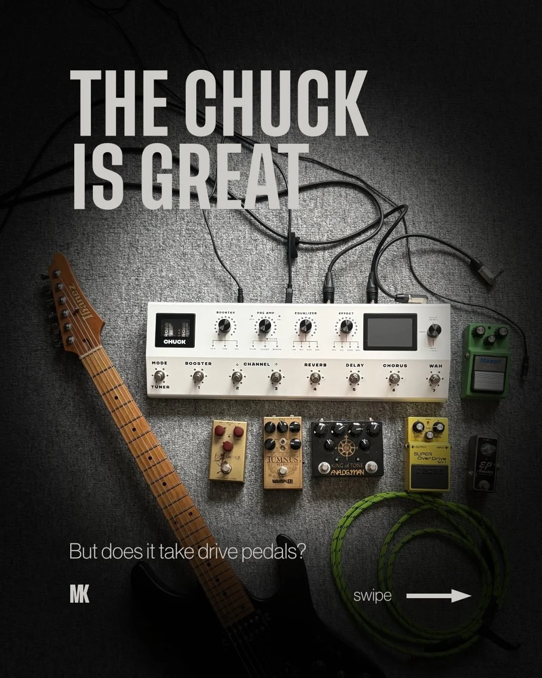 The Chuck is an amp. So use it like one. Put a pedal in front. 🎸

Tested some drives today. Winner? Swipe!

Which pedal would you choose? 👇

🎸&hearts;️

#thechuck #guitargear #guitartone 
#drivepedals #matthiaskahra