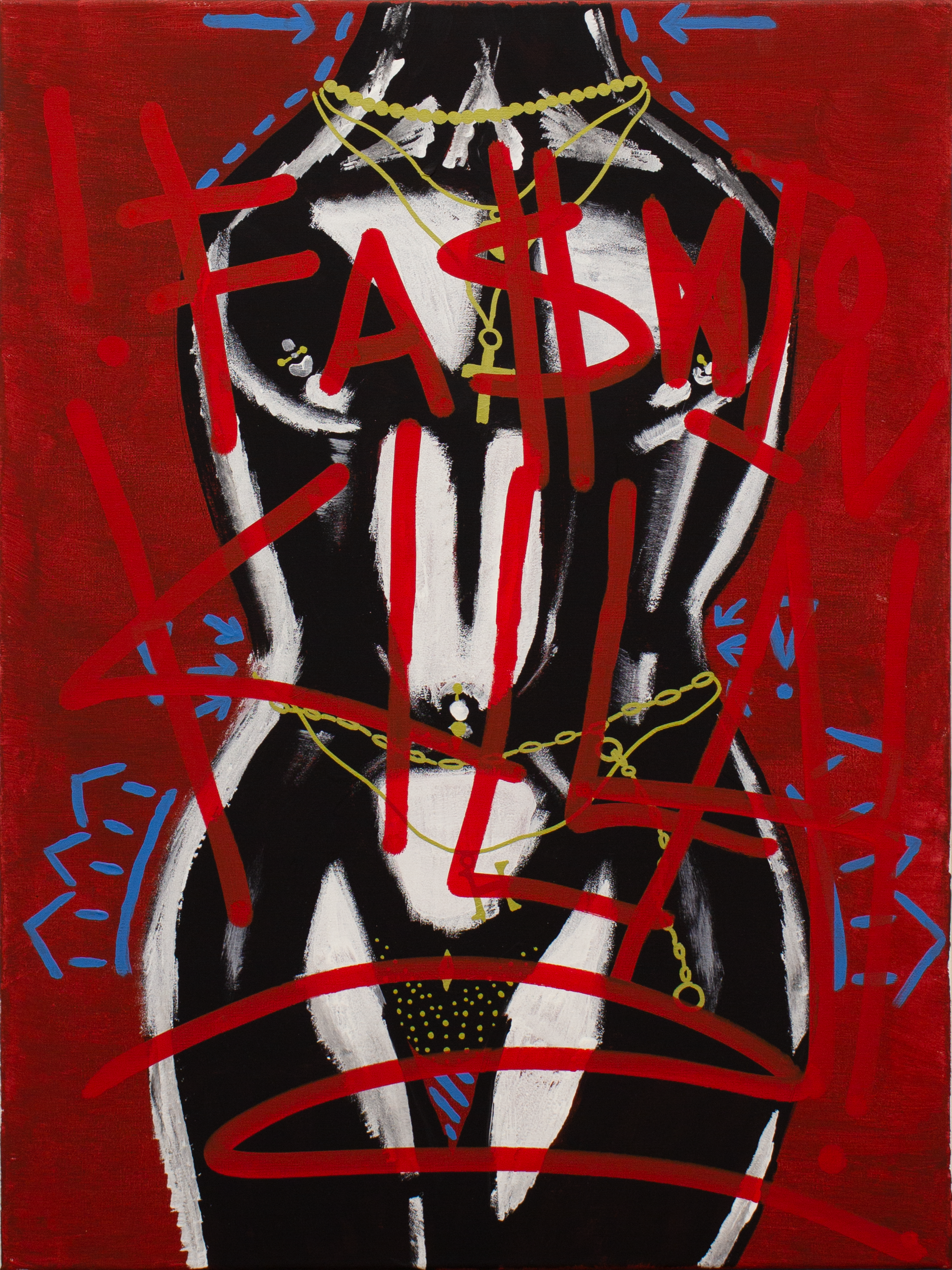 Abstract painting of a nude figure on a red background, overlaid with graffiti-style text "FASHION KILLA." The figure is embellished with yellow chains and blue accents.