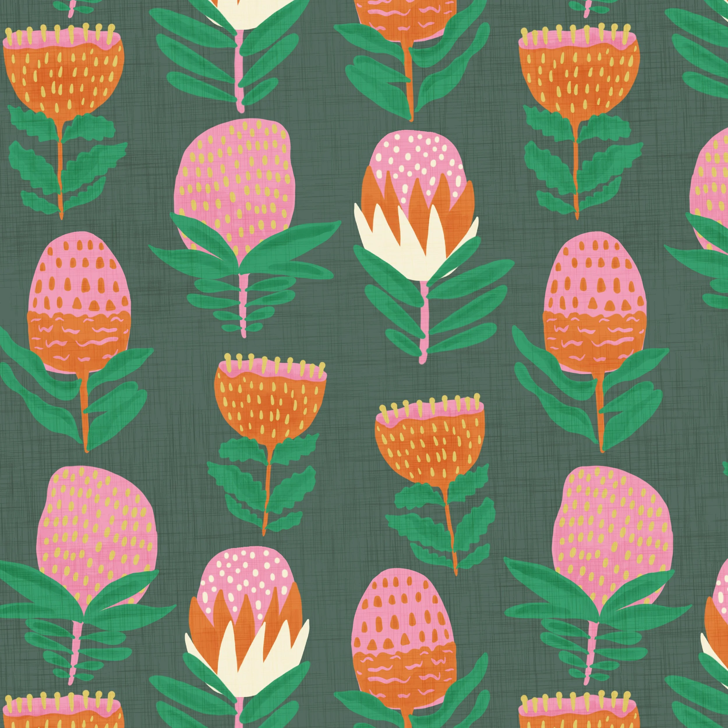 A pattern design with banksia flowers in bright colours