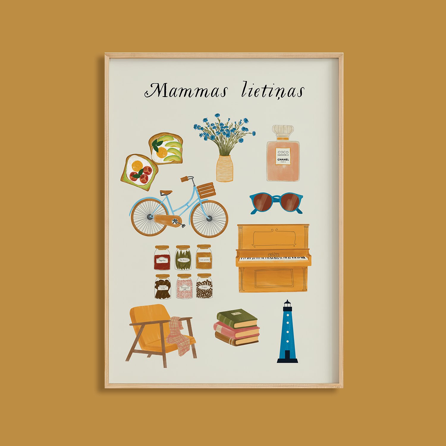 Grieta Baula Ilustrācija ar cilvēka mīļākajām lietām – grāmata, tēja, svece un ziedi. Oriģināla dāvana īpašiem brīžiem.