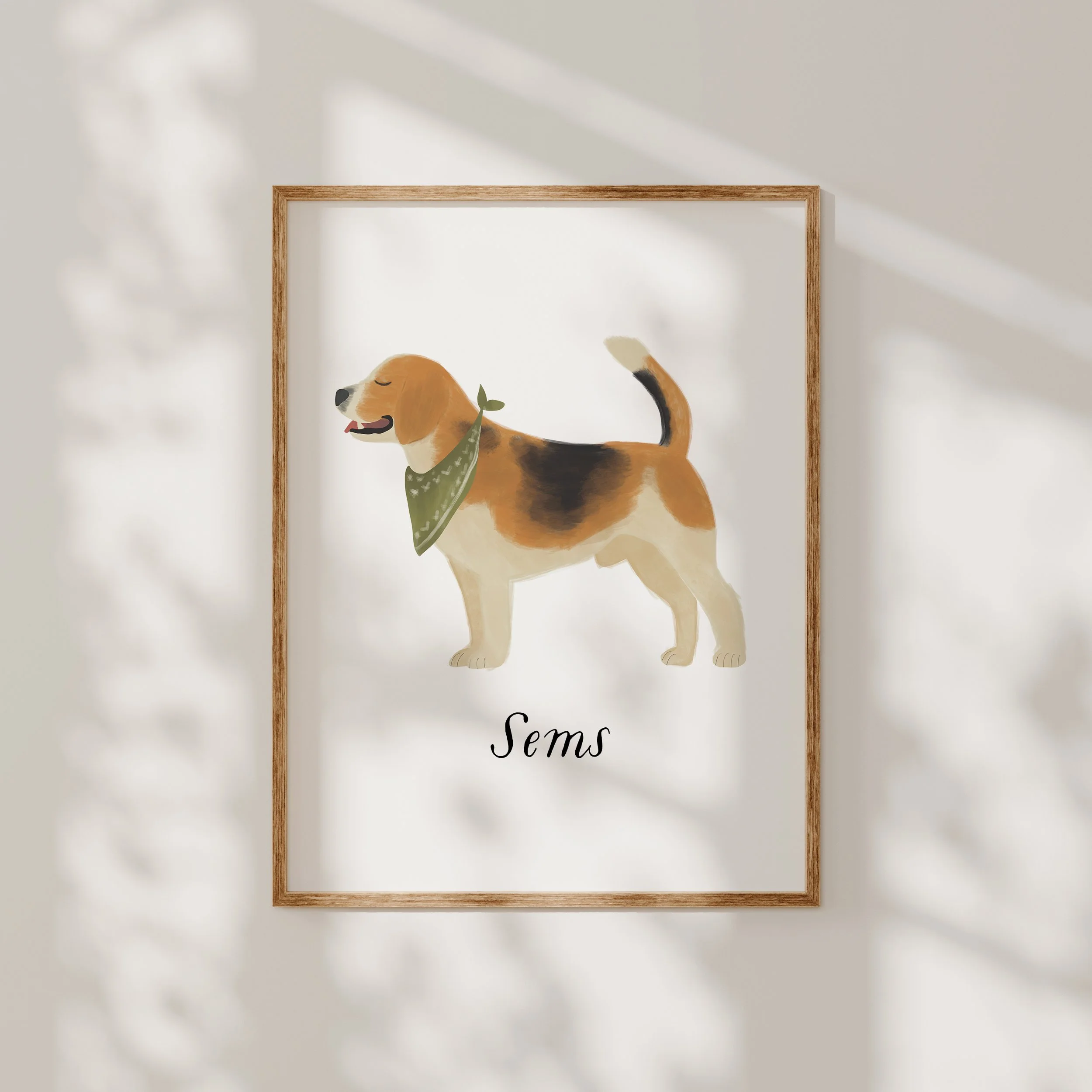 Ilustrācija ar mājdzīvnieku – suns vai kaķis, zīmēts ar detalizētām līnijām un krāsām. Lieliska personalizēta dāvana, Suņa ilustrācija, zīmēts suns bīgls