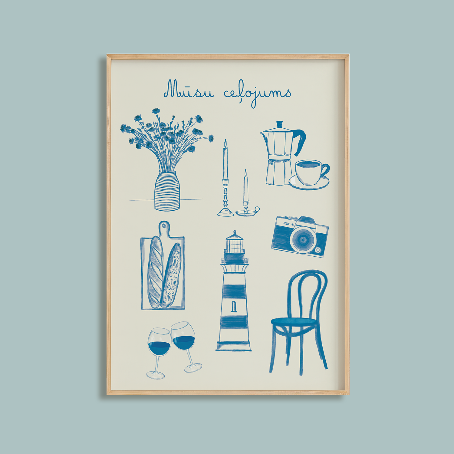 Skicēta ilustrācija ar cilvēka mīļākajām lietām – grāmata, tēja, svece un ziedi. Lieliska personalizēta dāvana