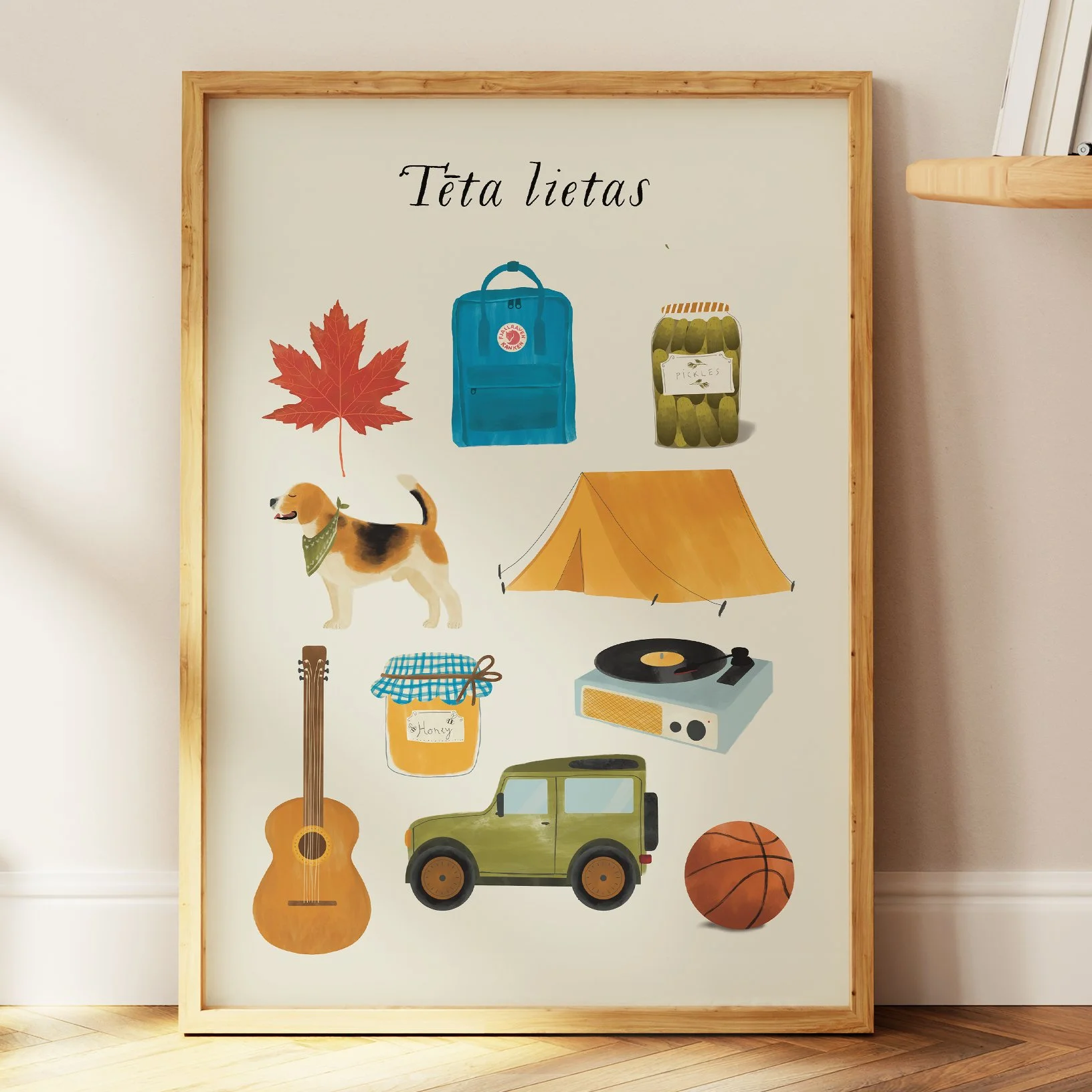 Grieta Baula Ilustrācija ar cilvēka mīļākajām lietām – grāmata, tēja, svece un ziedi. Oriģināla dāvana īpašiem brīžiem.